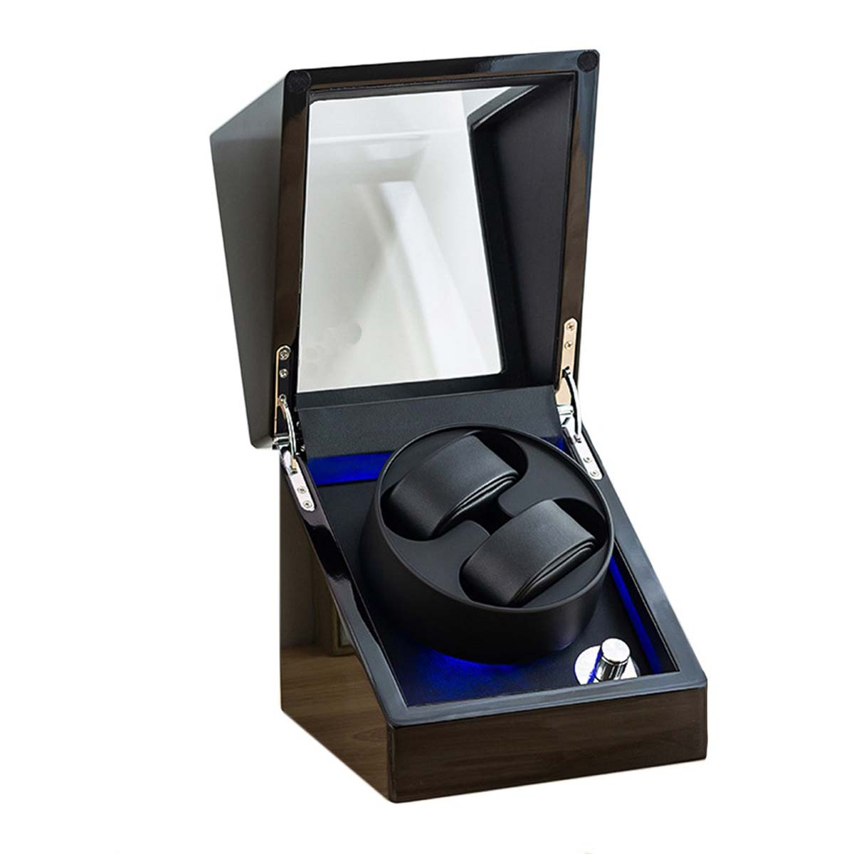 Eine glänzende Holz-Uhrenbewegebox mit zwei schwarzen Kissen und blauem LED-Licht auf weißem Hintergrund.