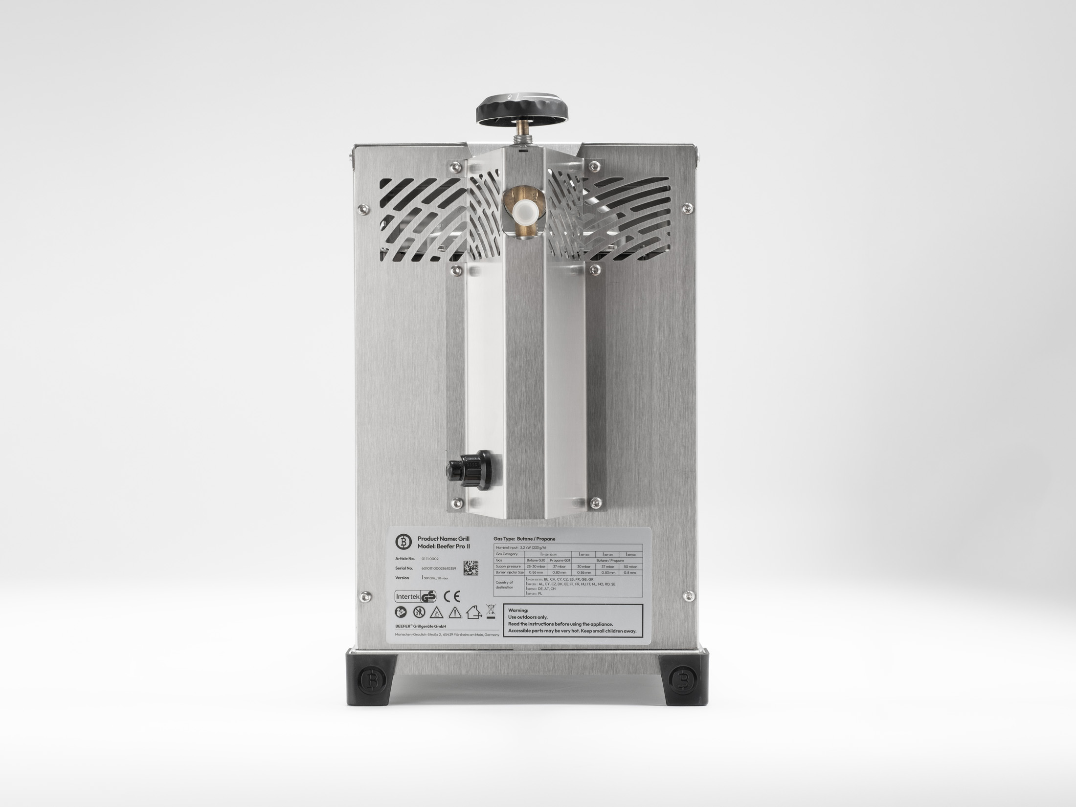 Rückansicht eines Edelstahl-Grills Beefer Pro II mit Drehknopf, Lüftungsschlitzen und Typenschild.