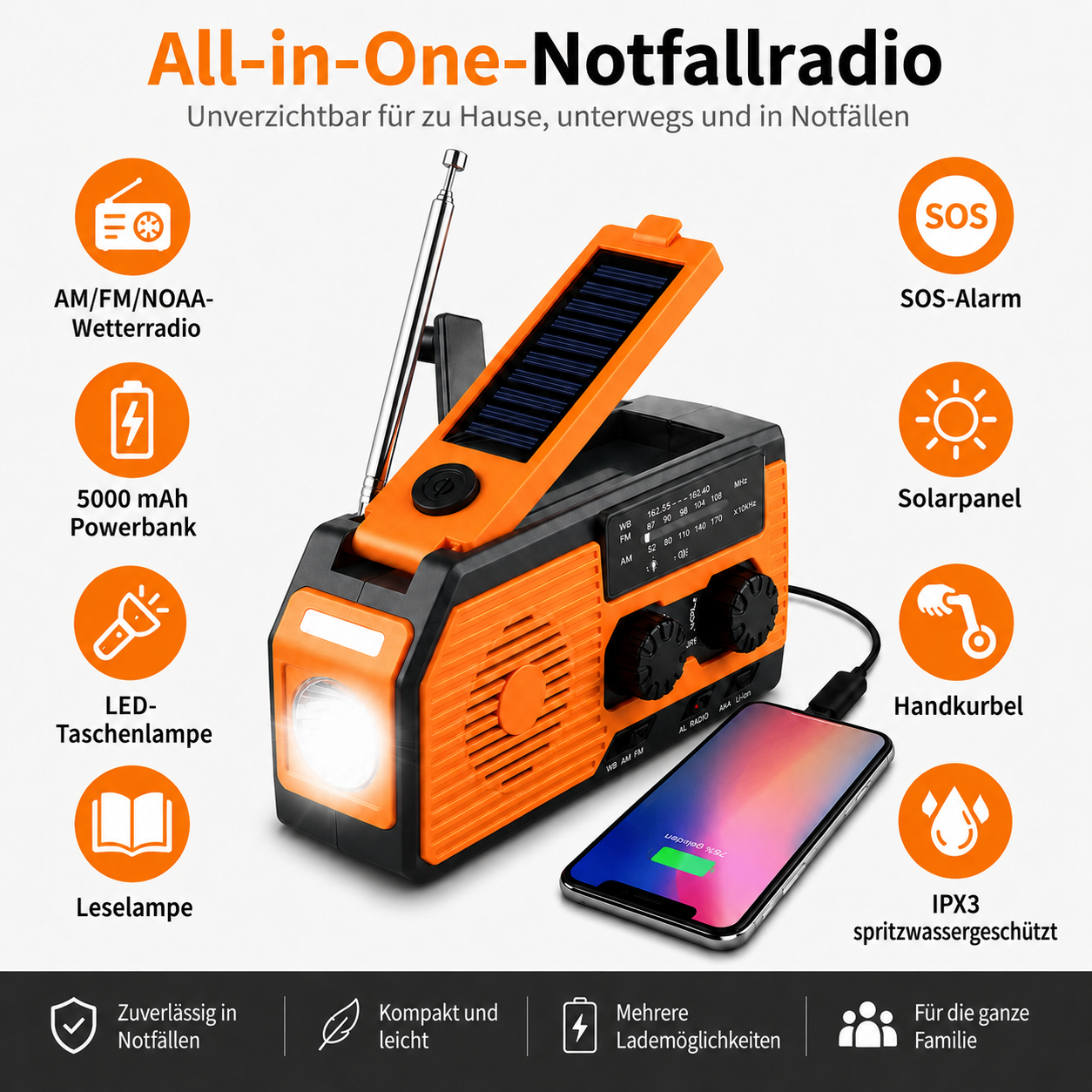 Orangefarbenes Notfallradio mit Solarpanel, Kurbel, Lampe und Ladefunktion für Smartphones.