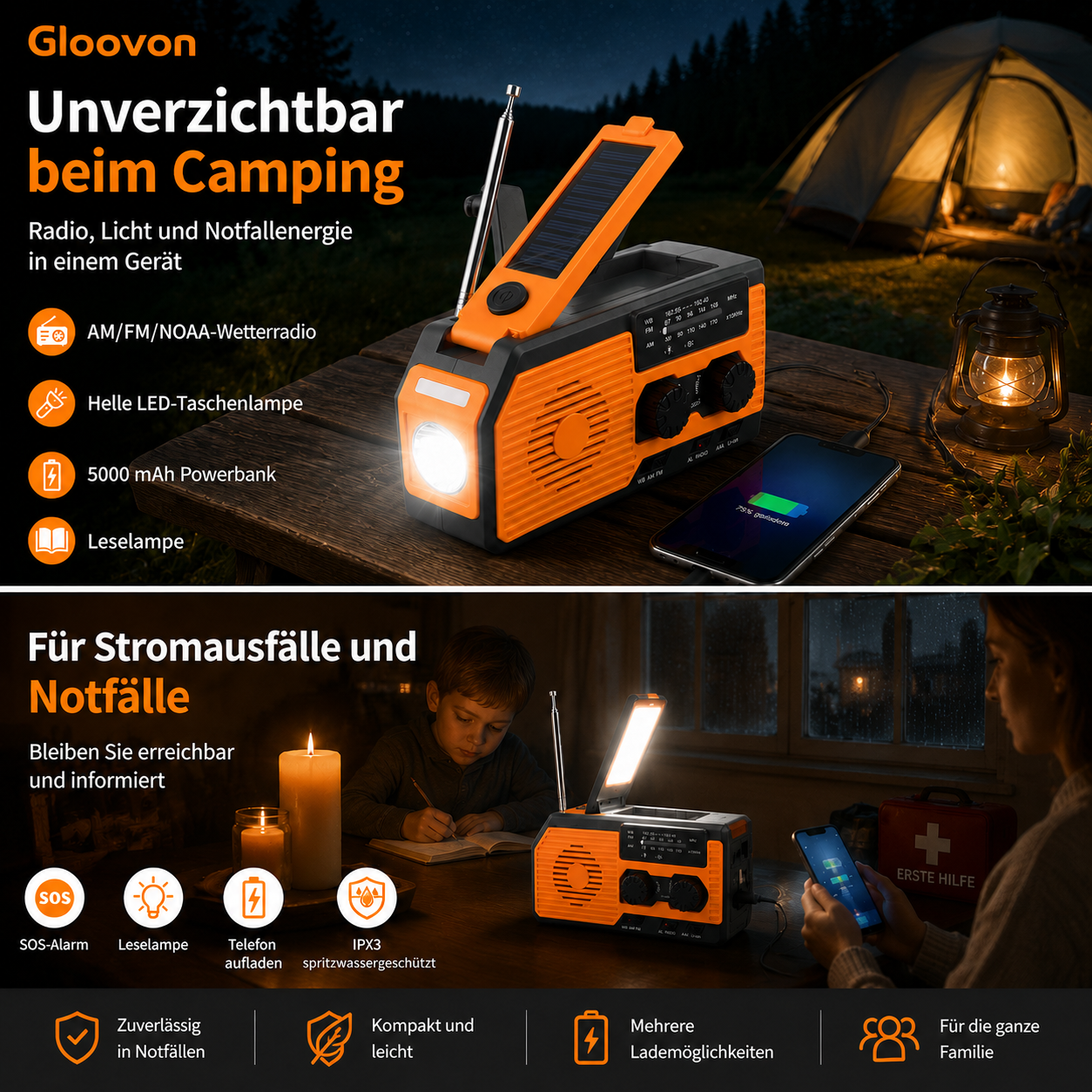 Oranger Notfallradio mit Solarpaneel, integrierter LED-Taschenlampe und Leselampe auf einem Holztisch.