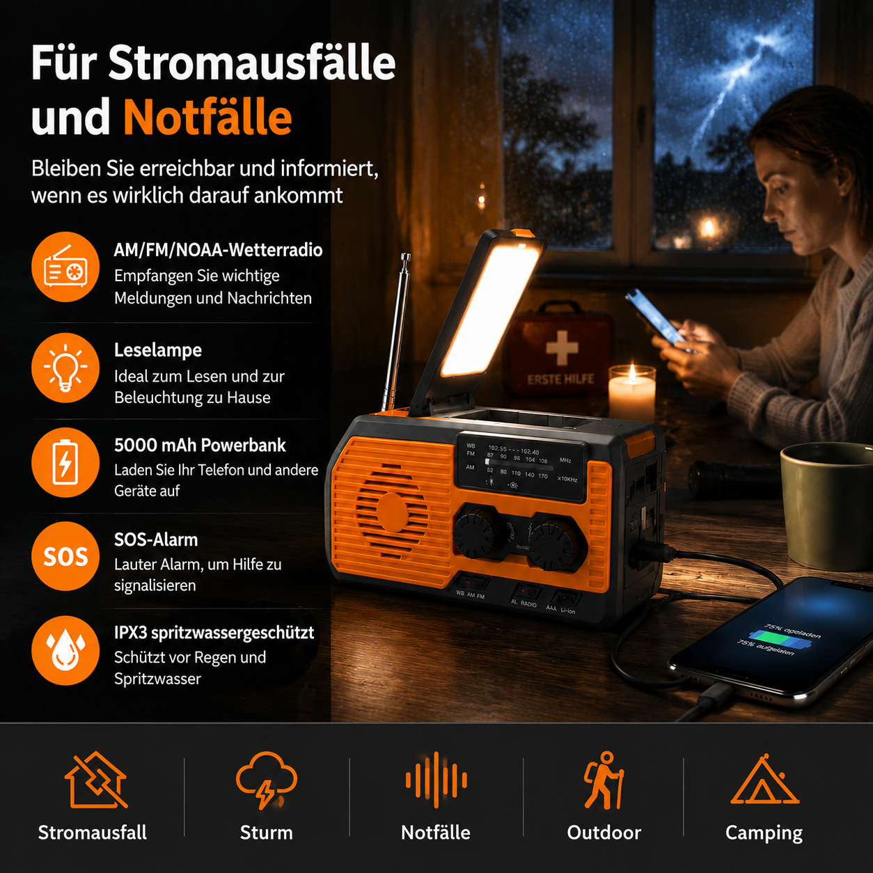 Notfallradio mit integrierter Lampe und Powerbank bei Gewitter.