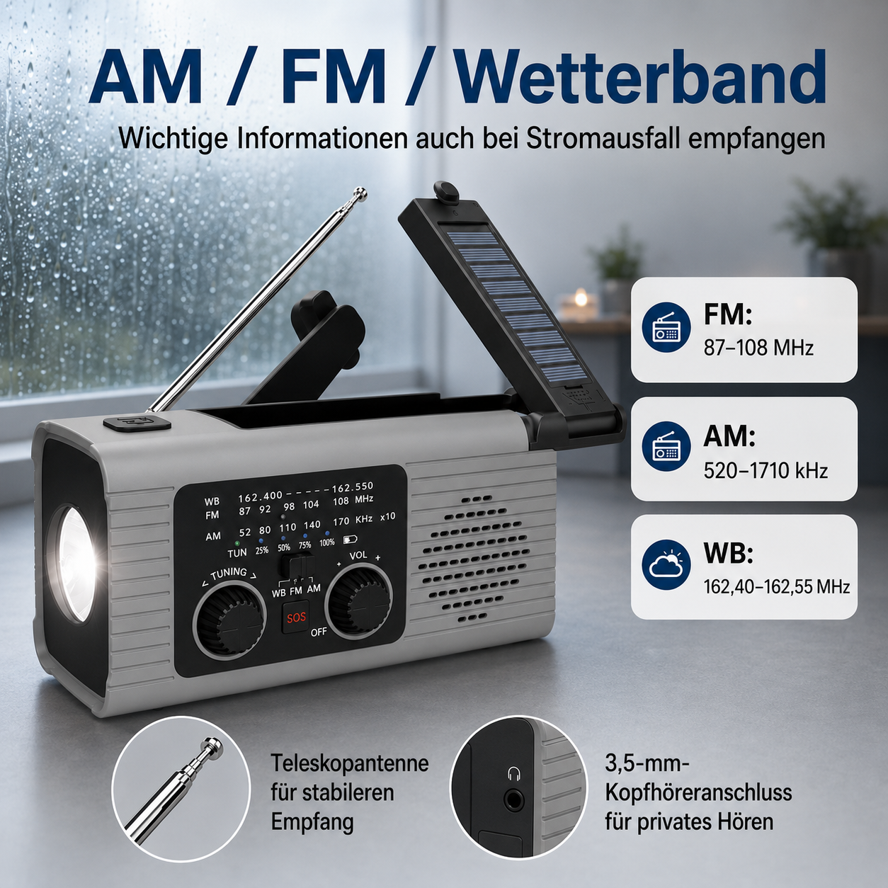 Graues Notfallradio mit LED-Taschenlampe, ausziehbarer Antenne und Solarpanel vor verregnetem Fenster.