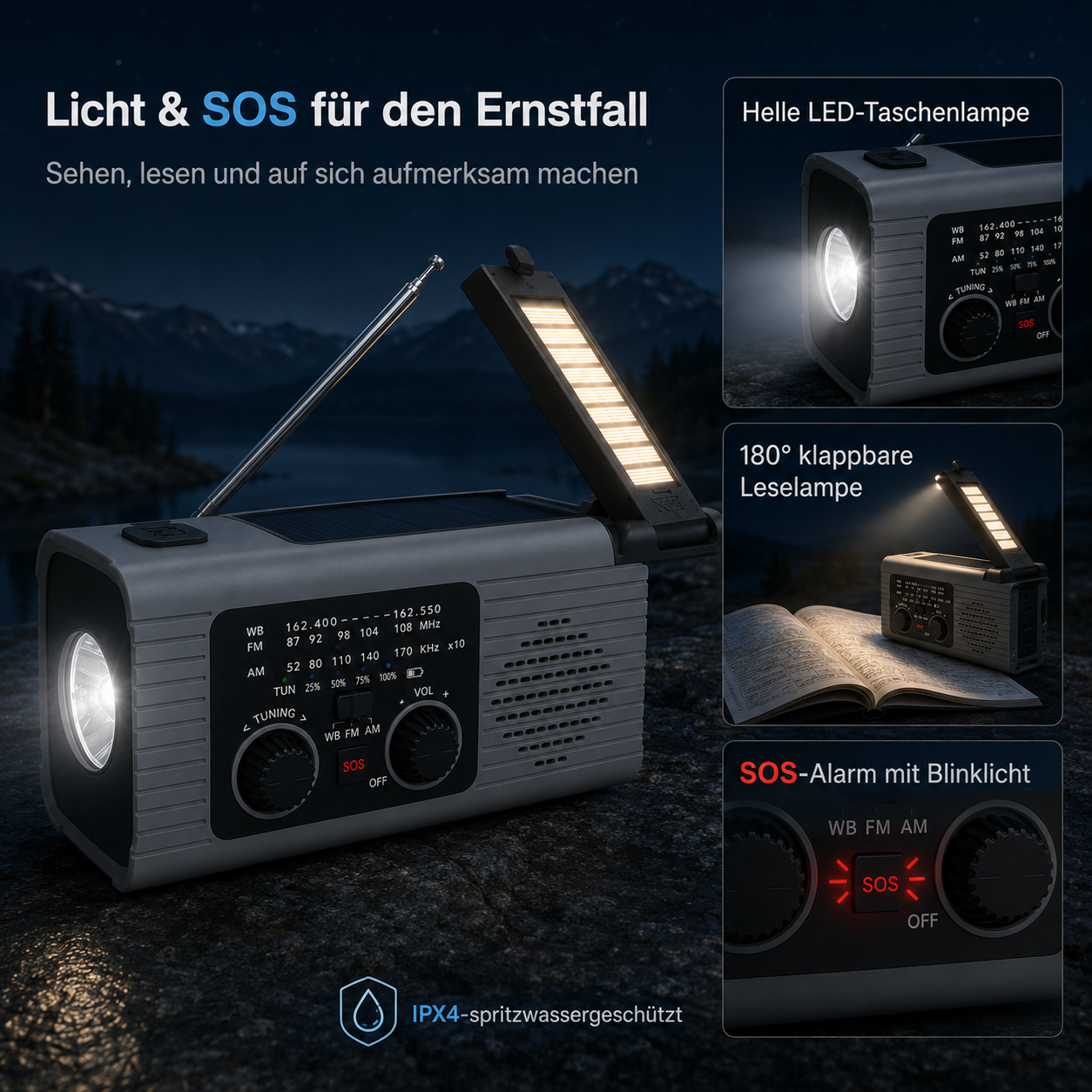 Graues Notfallradio mit LED-Taschenlampe, ausklappbarer Leselampe und SOS-Alarm vor einer Berglandschaft.