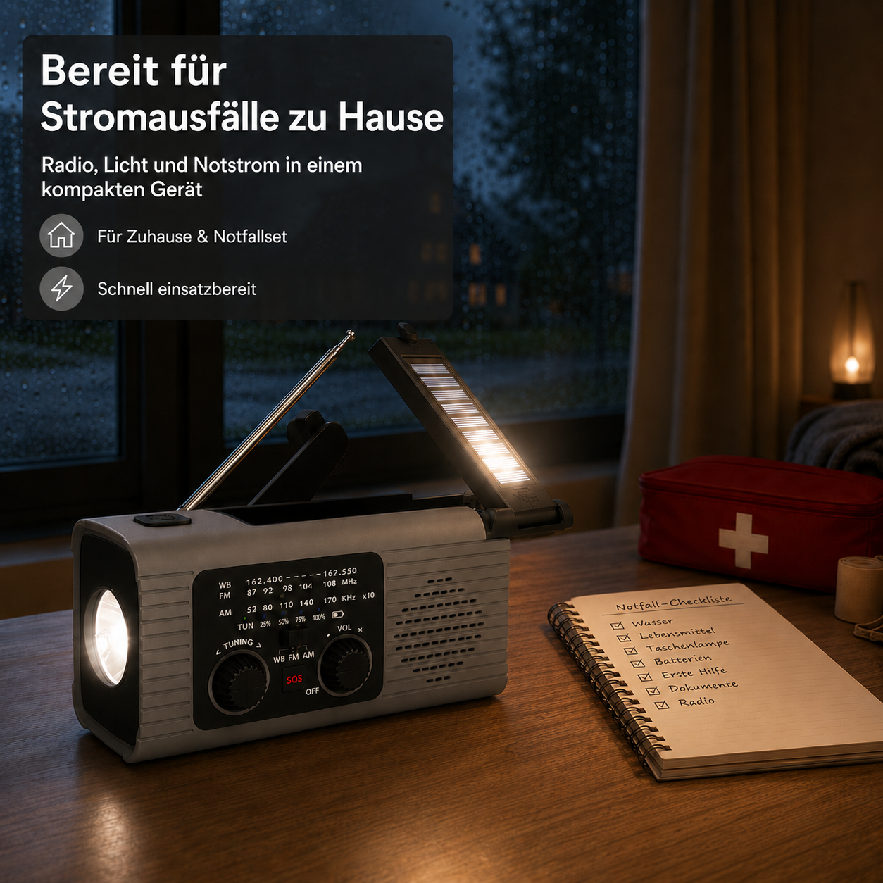 Notfallradio mit Taschenlampe und Solarlampe auf einem Holztisch, neben Checkliste und Verbandkasten.