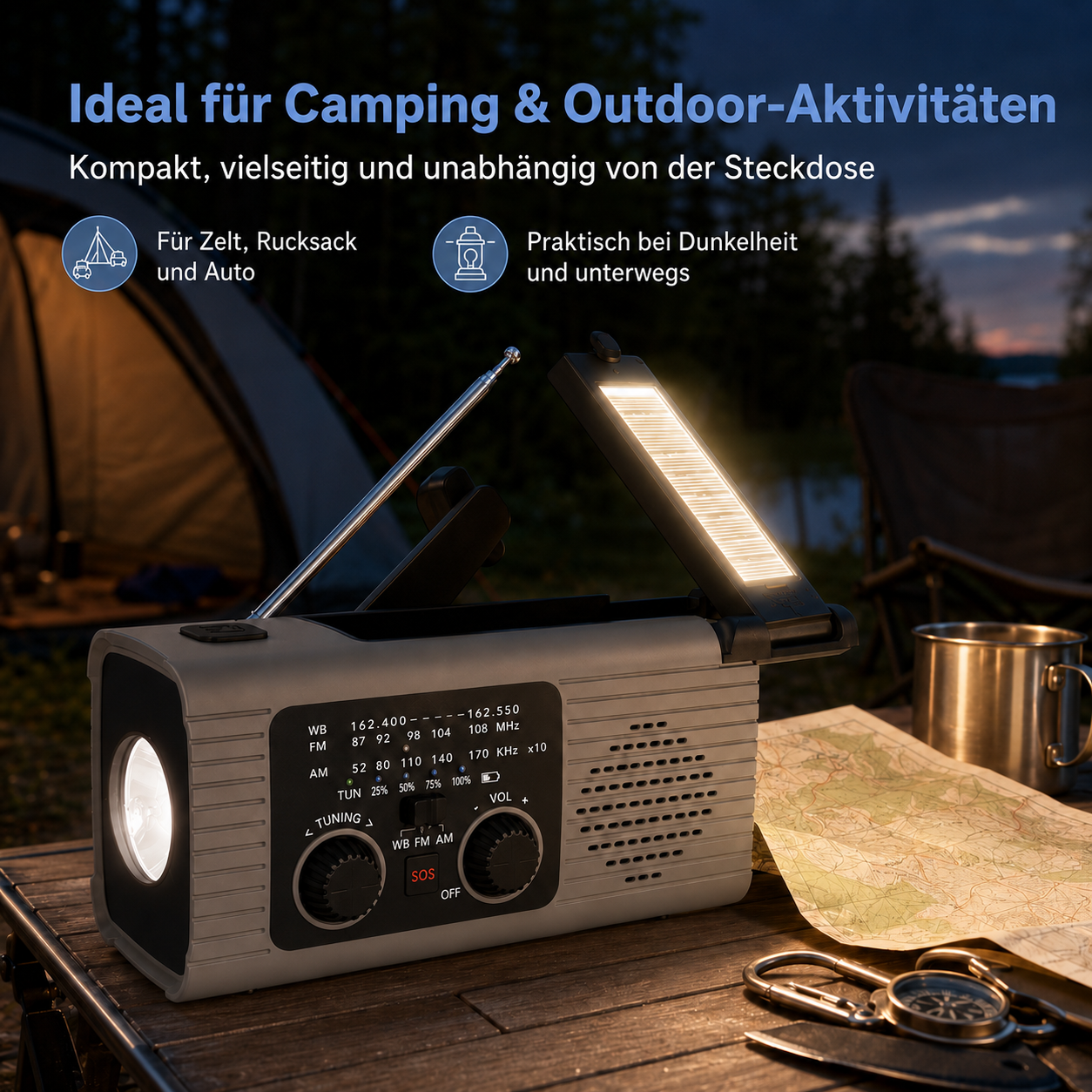 Ein Campingradio mit beleuchteter Lampe, Antenne und Reglern steht auf einem Holztisch mit Karte und Kompass.