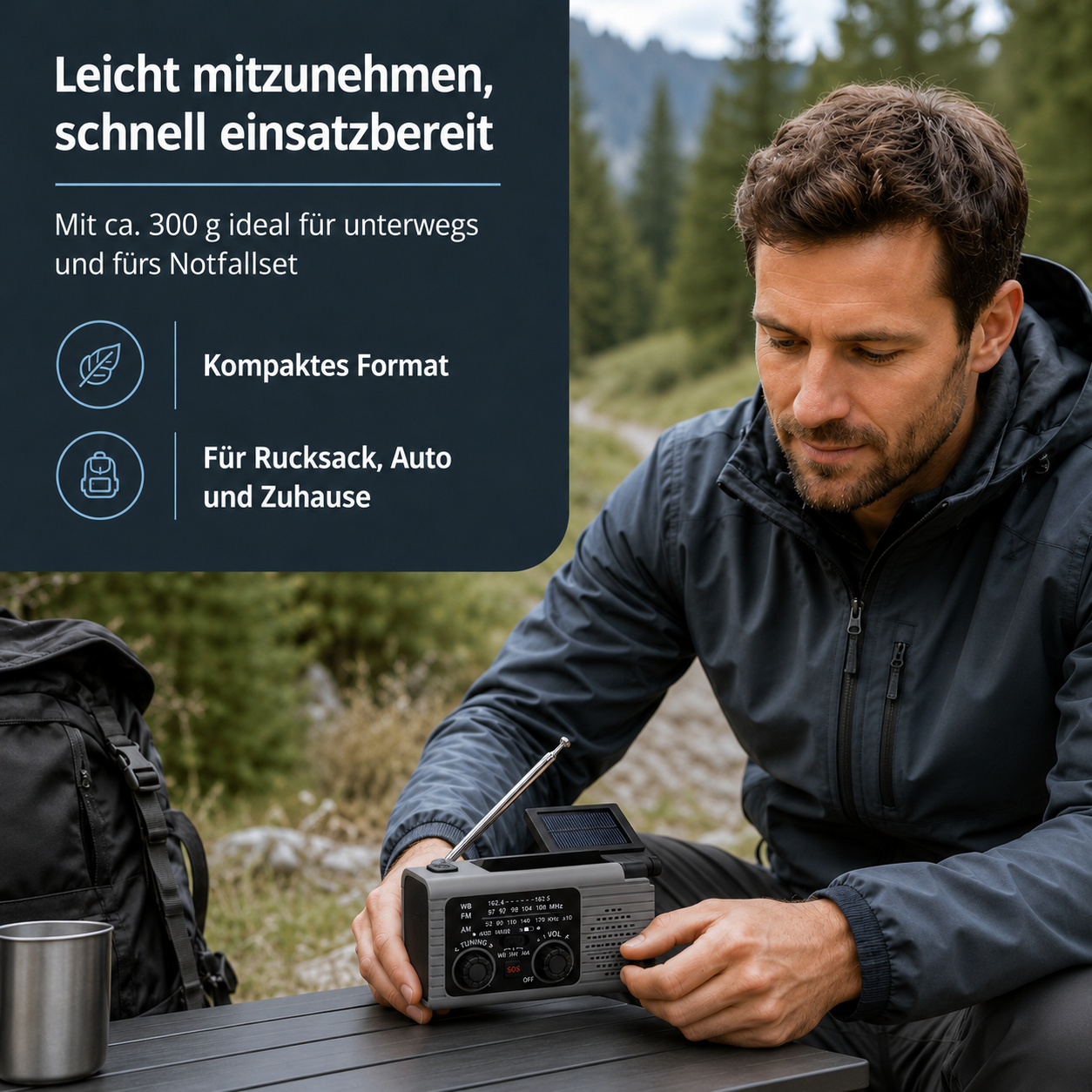 Ein Mann im Freien bedient ein kompaktes graues Notfallradio auf einem Tisch, im Hintergrund ein Wald.