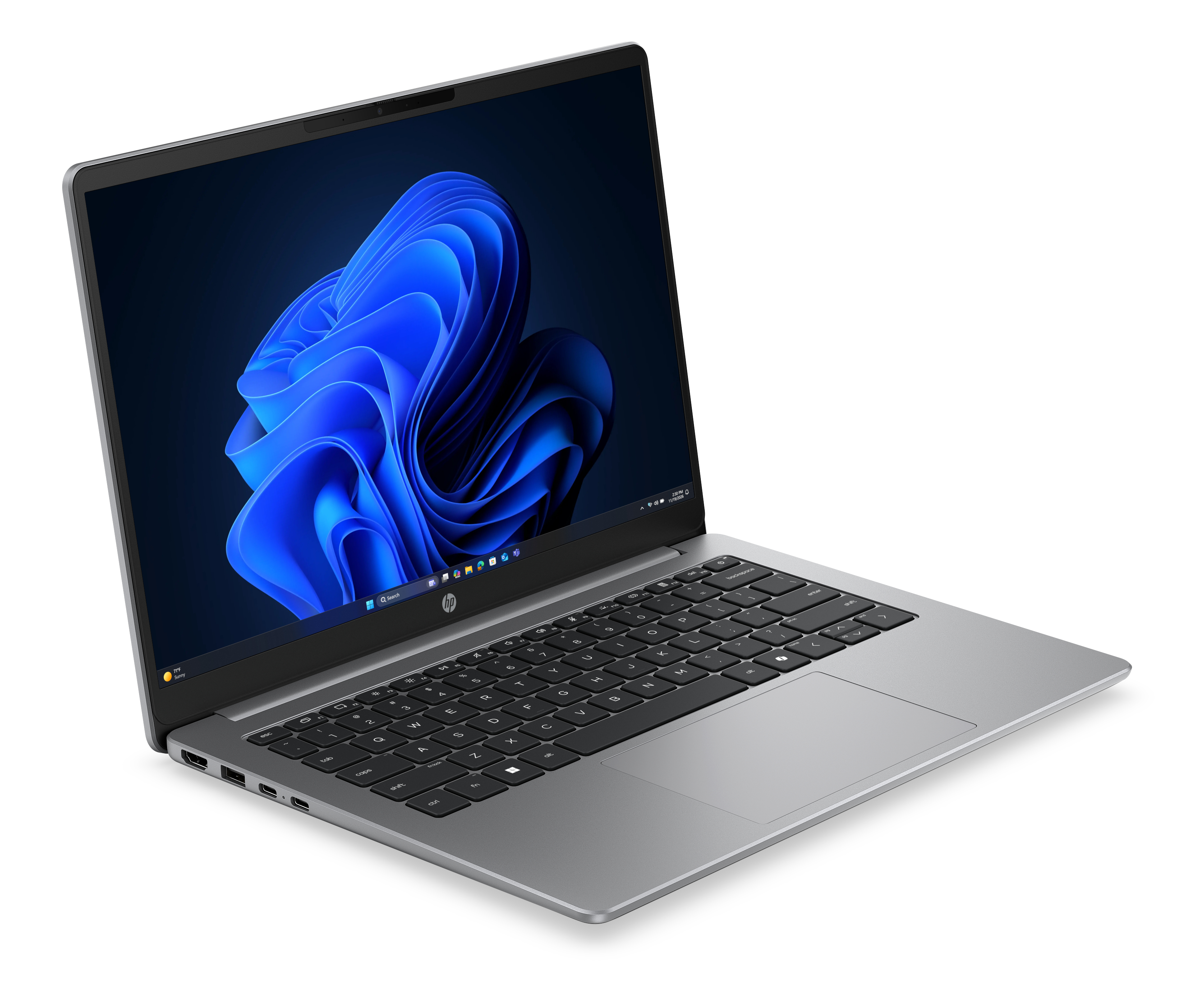 Un laptop HP argento aperto su sfondo bianco, che mostra un vibrante sfondo astratto blu.