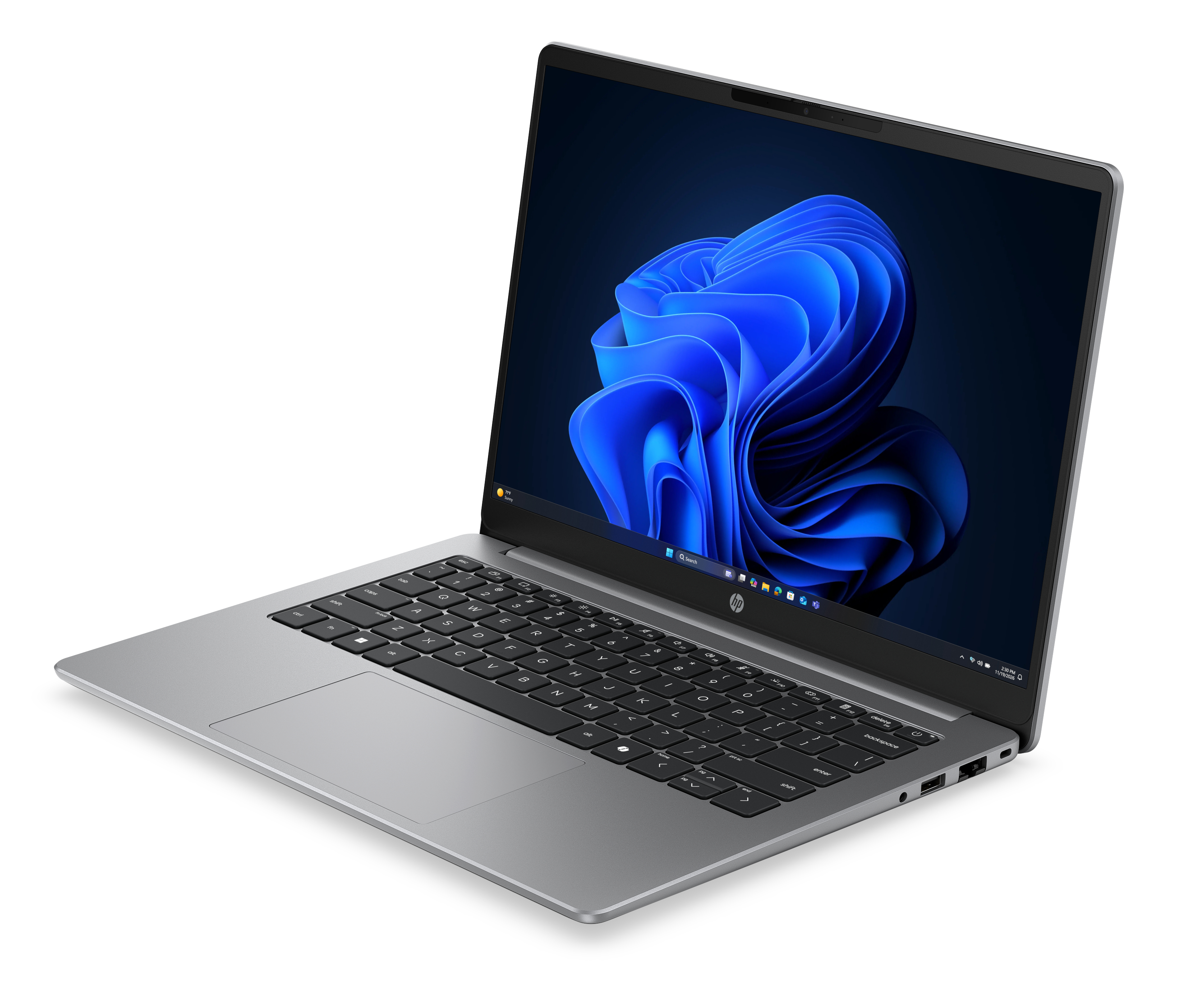 Un computer portatile HP grigio aperto su sfondo bianco con uno sfondo astratto blu.