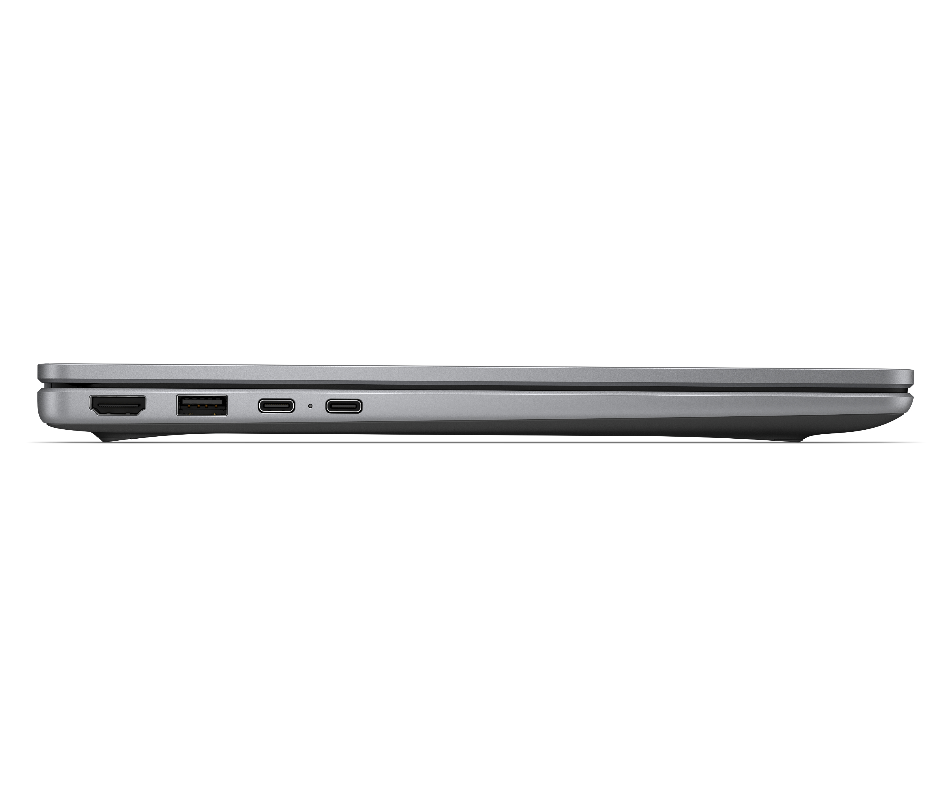 Lato sinistro di un laptop grigio chiuso con porte HDMI, USB e due USB-C.
