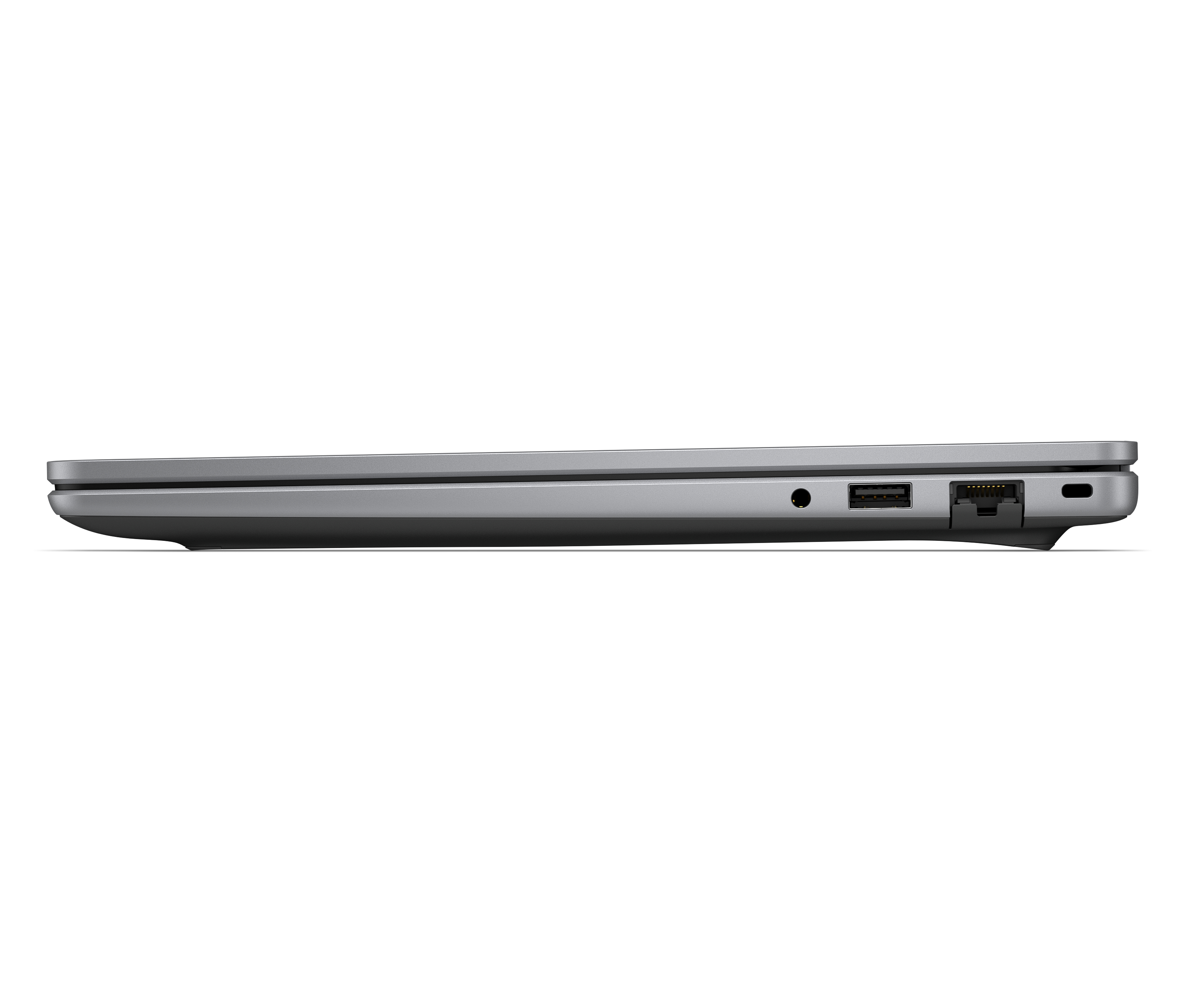 Vista laterale di un laptop grigio con jack audio, USB, porta Ethernet e slot.