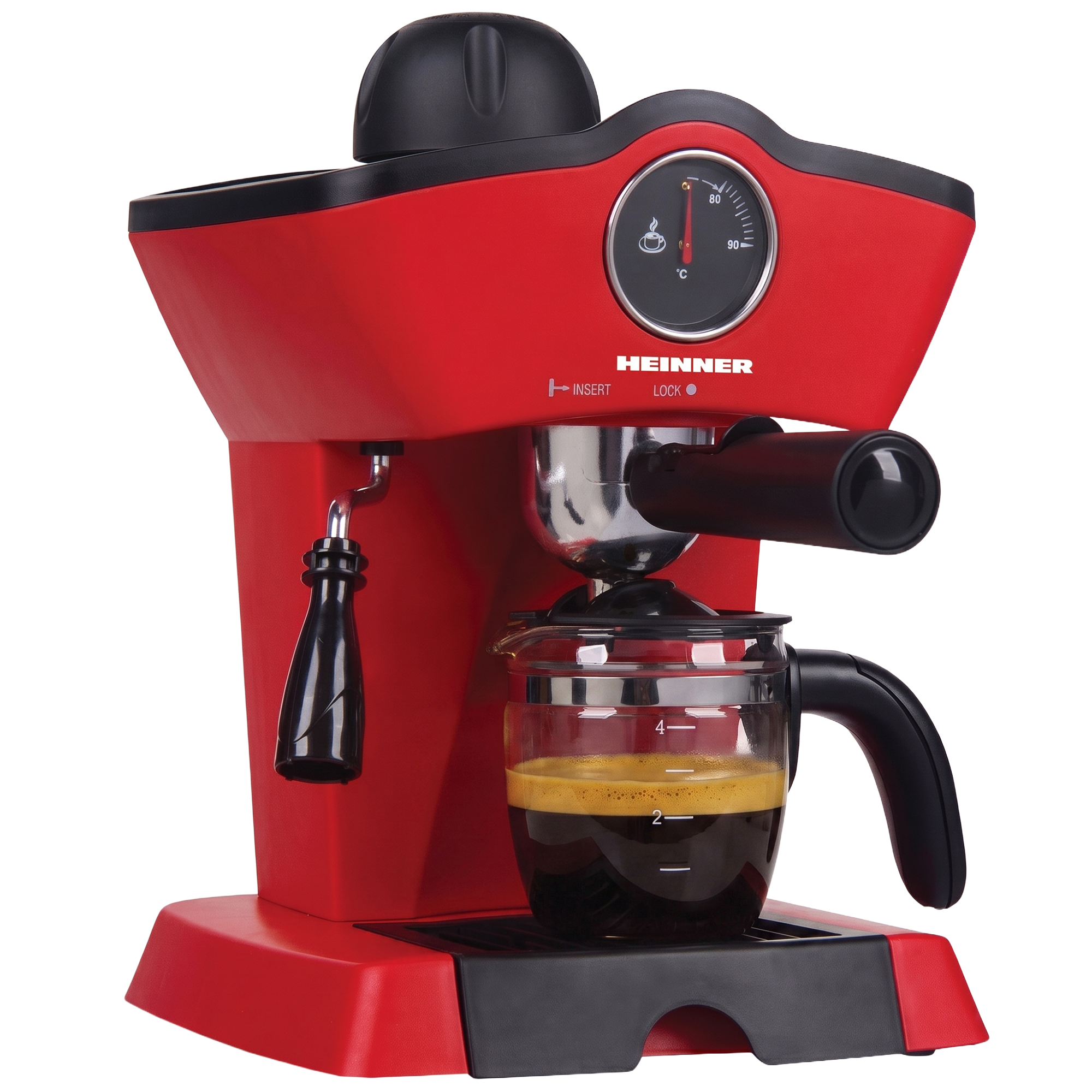 Une machine à espresso Heinner rouge et noire préparant du café dans une carafe en verre.