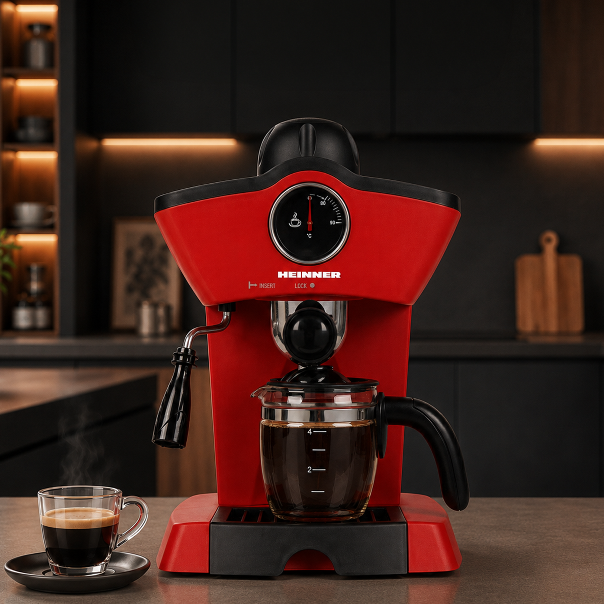 Une machine à espresso rouge Heinner sur un comptoir avec une verseuse et une tasse.