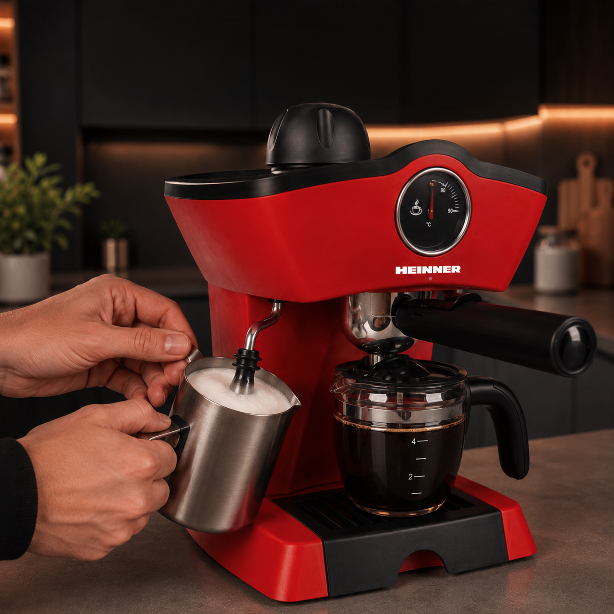 Een rode Heinner-espressomachine brouwt koffie in een kan terwijl melk wordt opgeschuimd.