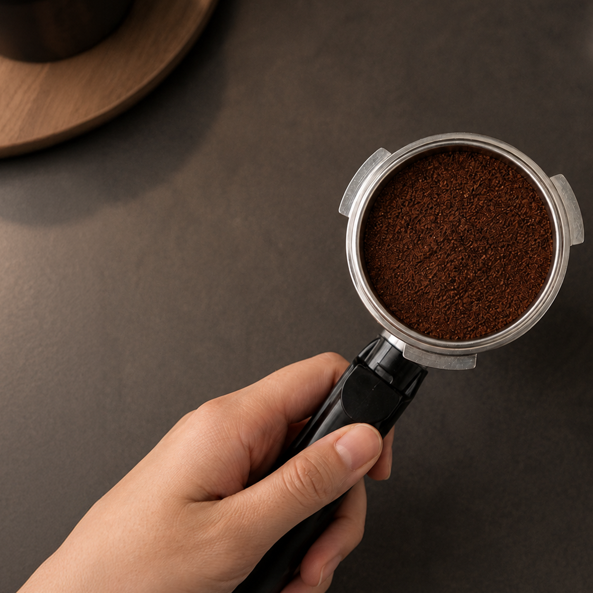 Une main tient un porte-filtre rempli de mouture de café sur une surface sombre.