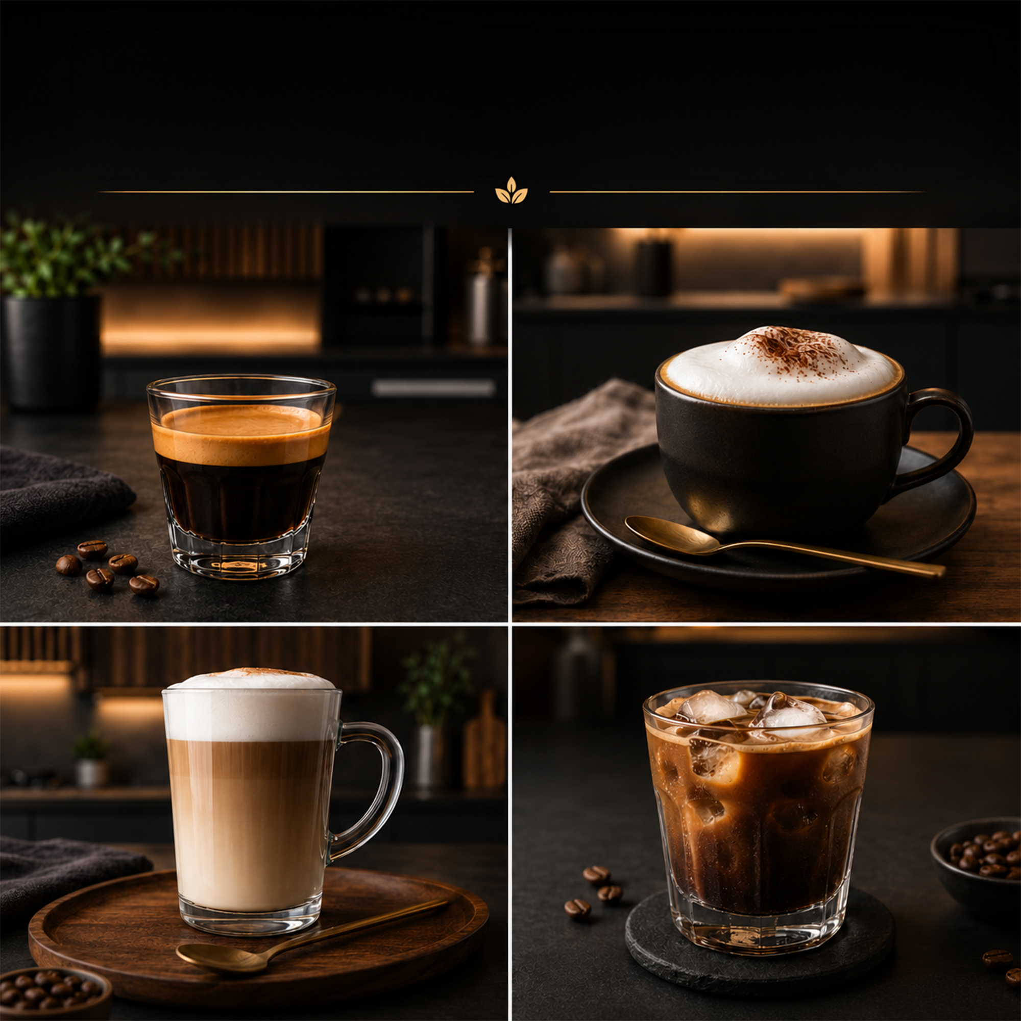 Vier afbeeldingen van verschillende koffiespecialiteiten zoals espresso, cappuccino, latte macchiato en ijskoffie.