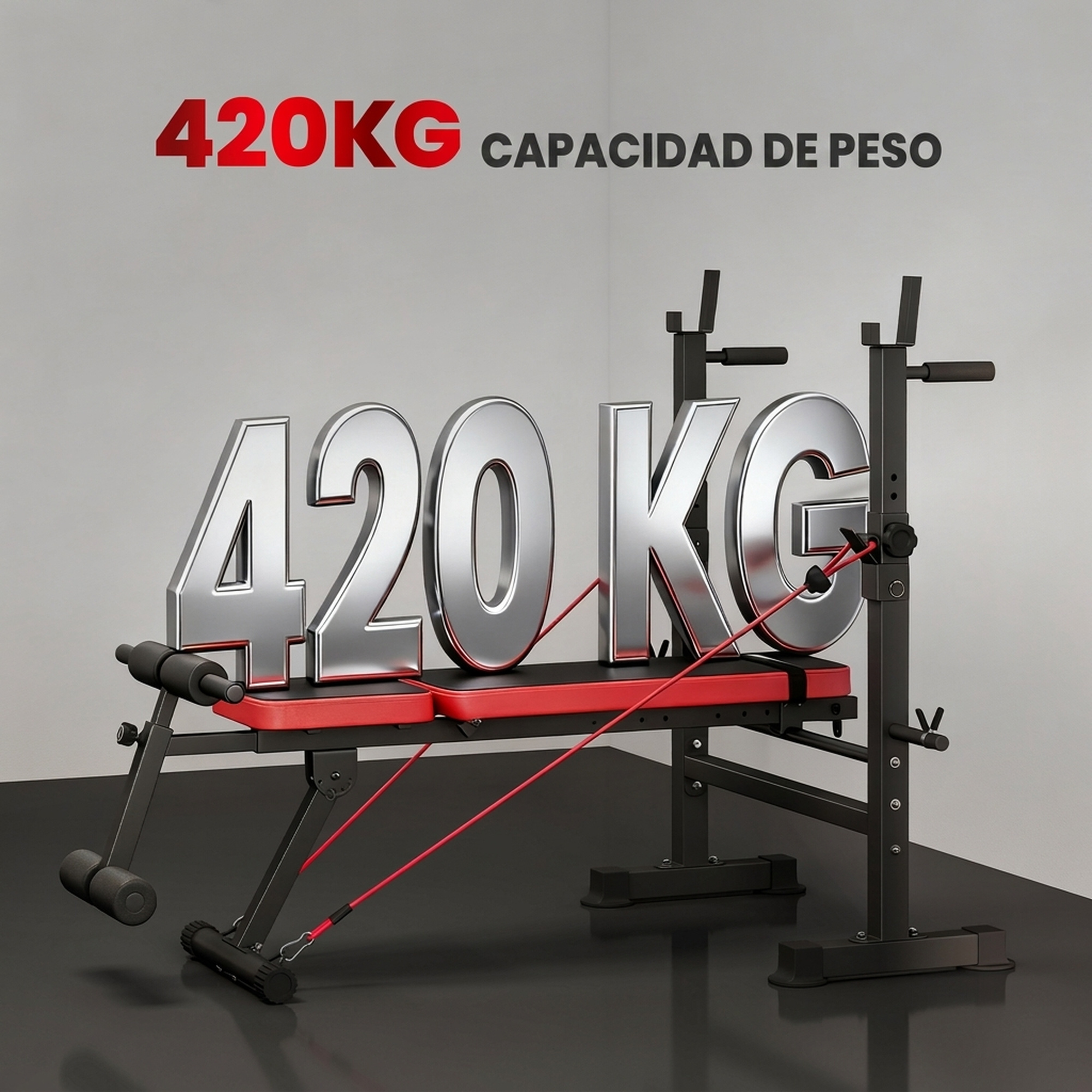 Un banco de pesas negro y rojo con gran texto plateado 420KG sobre un fondo gris.