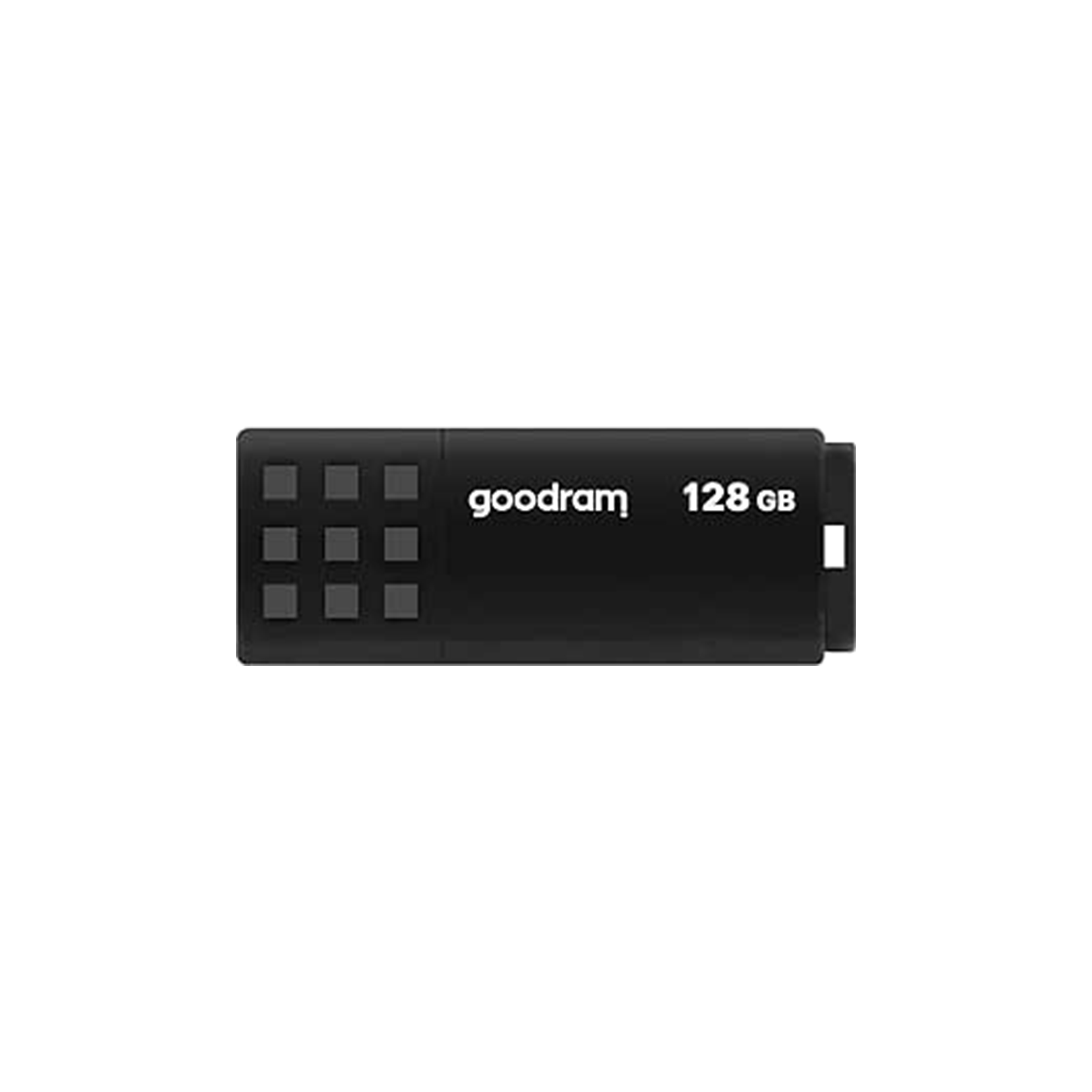 A black Goodram 128 GB USB flash drive on a white background.