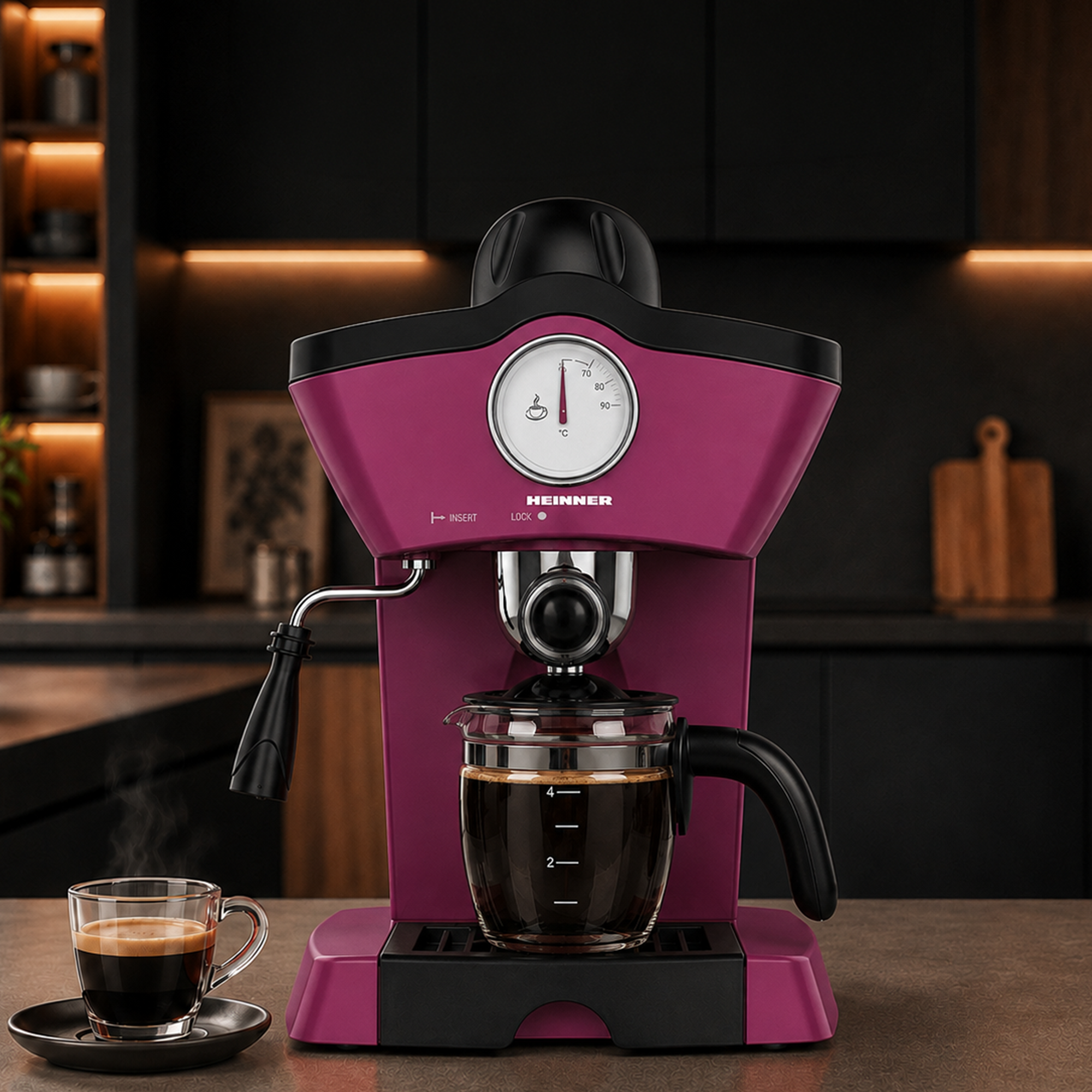 Eine pinke Heinner Kaffeemaschine steht auf der Theke, daneben eine Tasse frischer Kaffee.