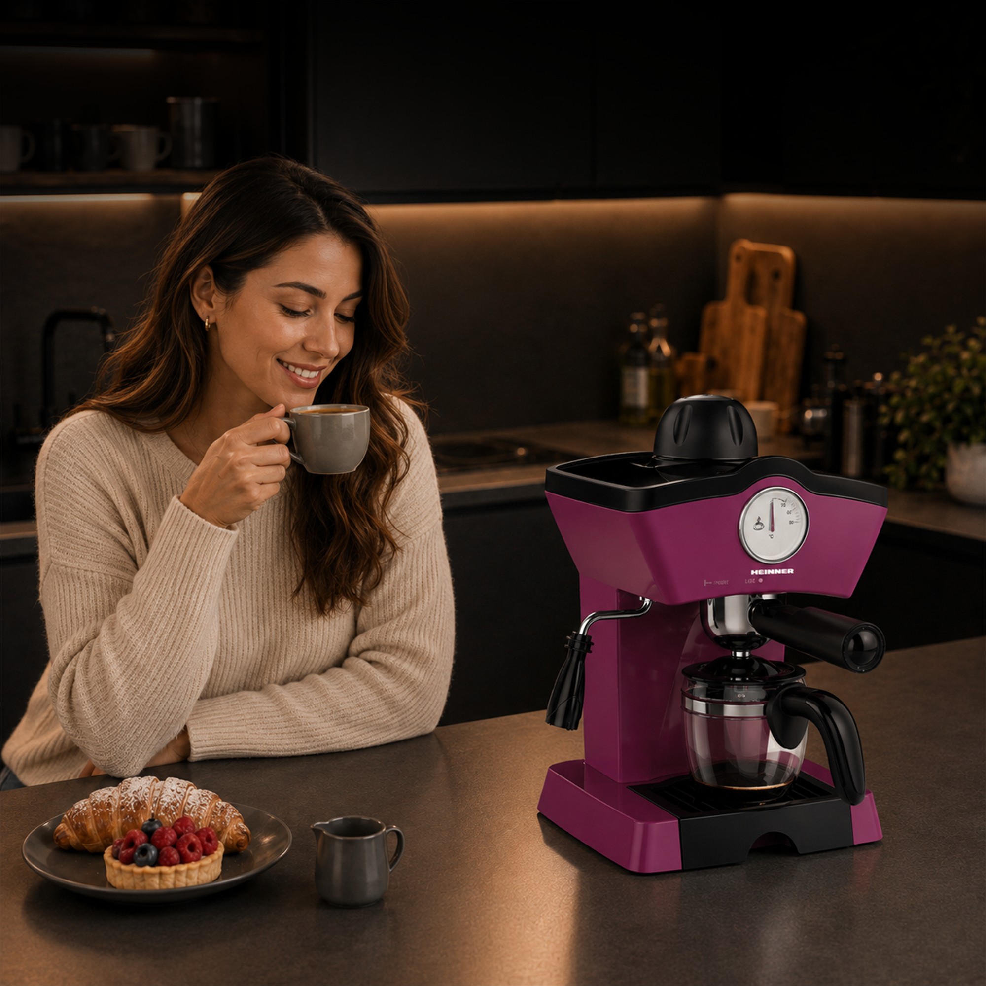 Eine lächelnde Frau trinkt Kaffee in einer Küche neben einer lila Espressomaschine, Gebäck und Milchkännchen.