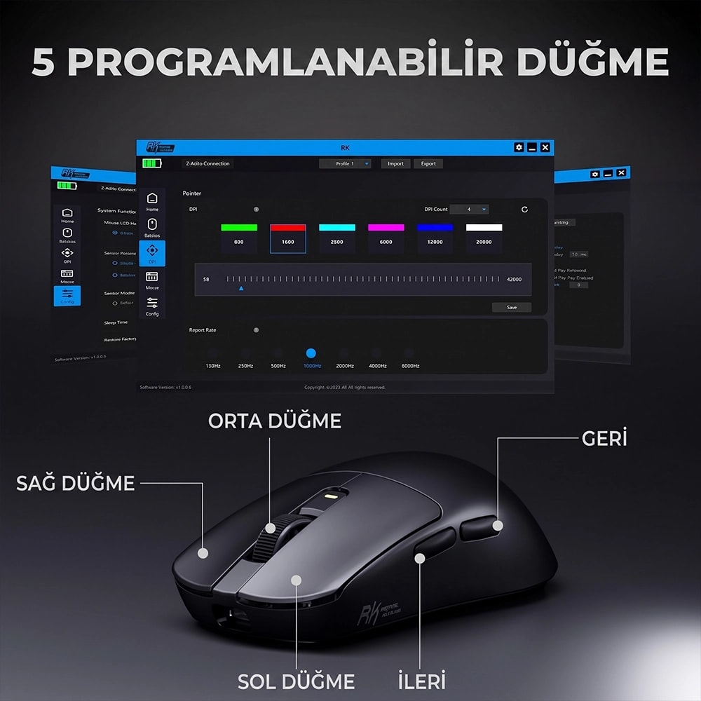 Czarna programowalna mysz z 5 przyciskami i interfejsem oprogramowania w tle.