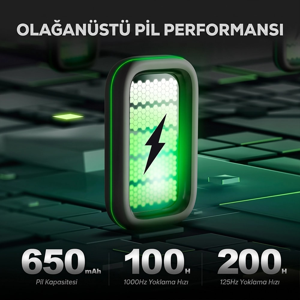 Zielone logo baterii na ciemnym tle z tekstem.