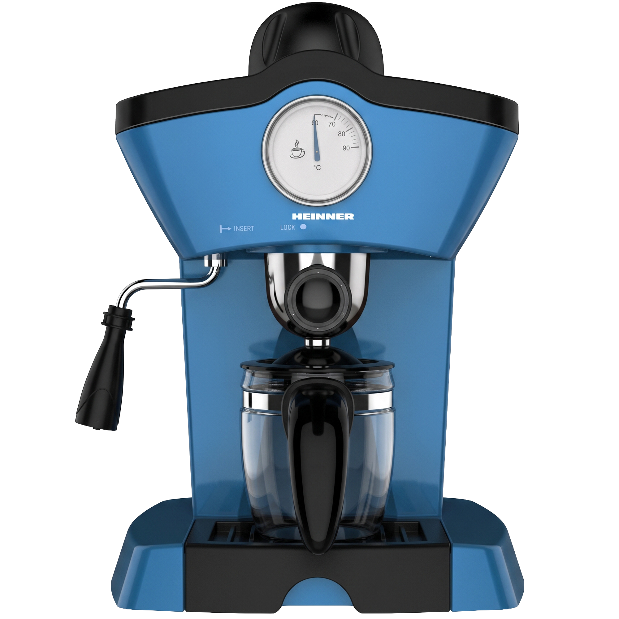 Eine blau-schwarze Heinner-Espressomaschine mit Glaskanne, Manometer und Dampfdüse vor weißem Hintergrund.
