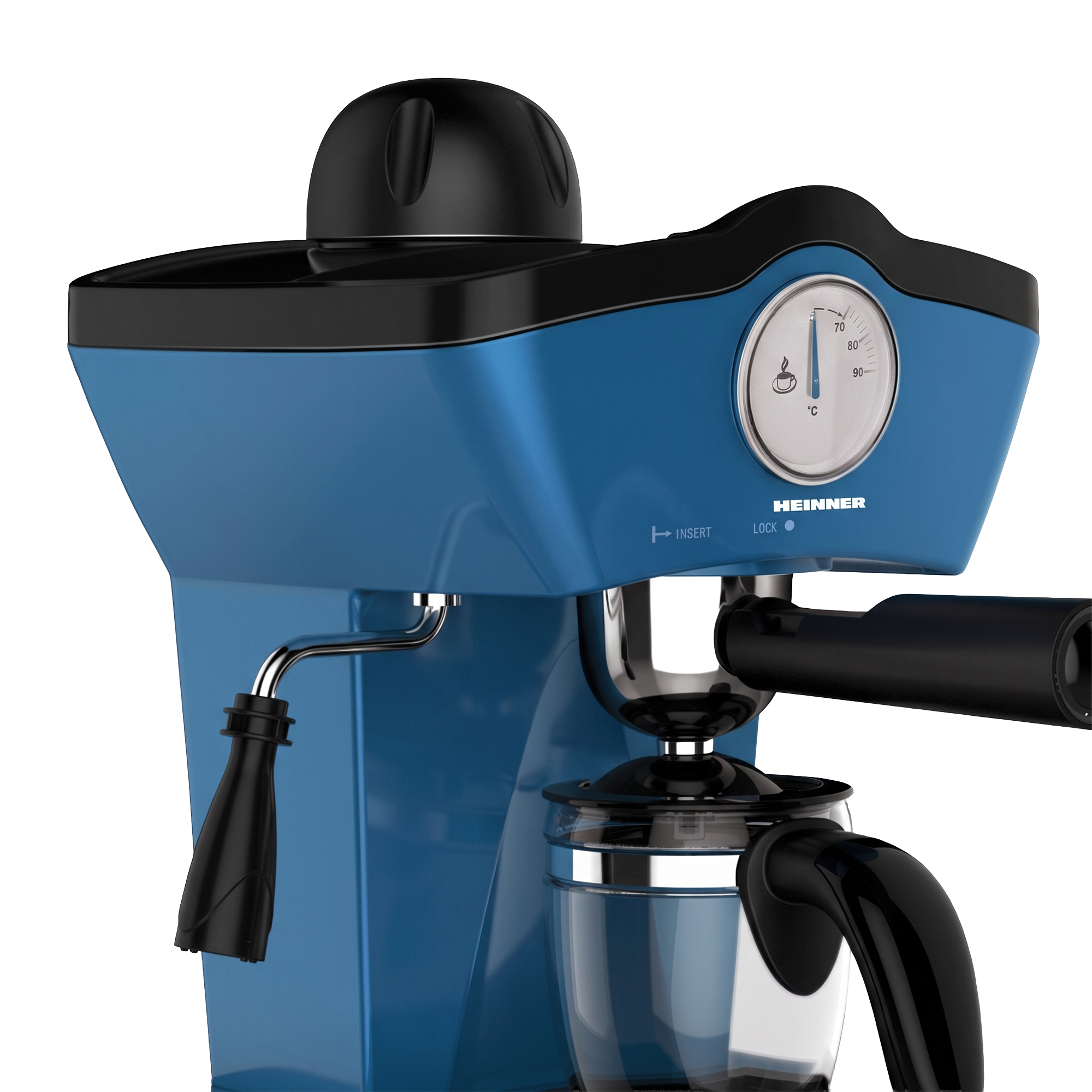 Eine blaue und schwarze Espresso Maschine mit Temperaturanzeige, Dampfdüse und Glaskanne auf weißem Hintergrund.