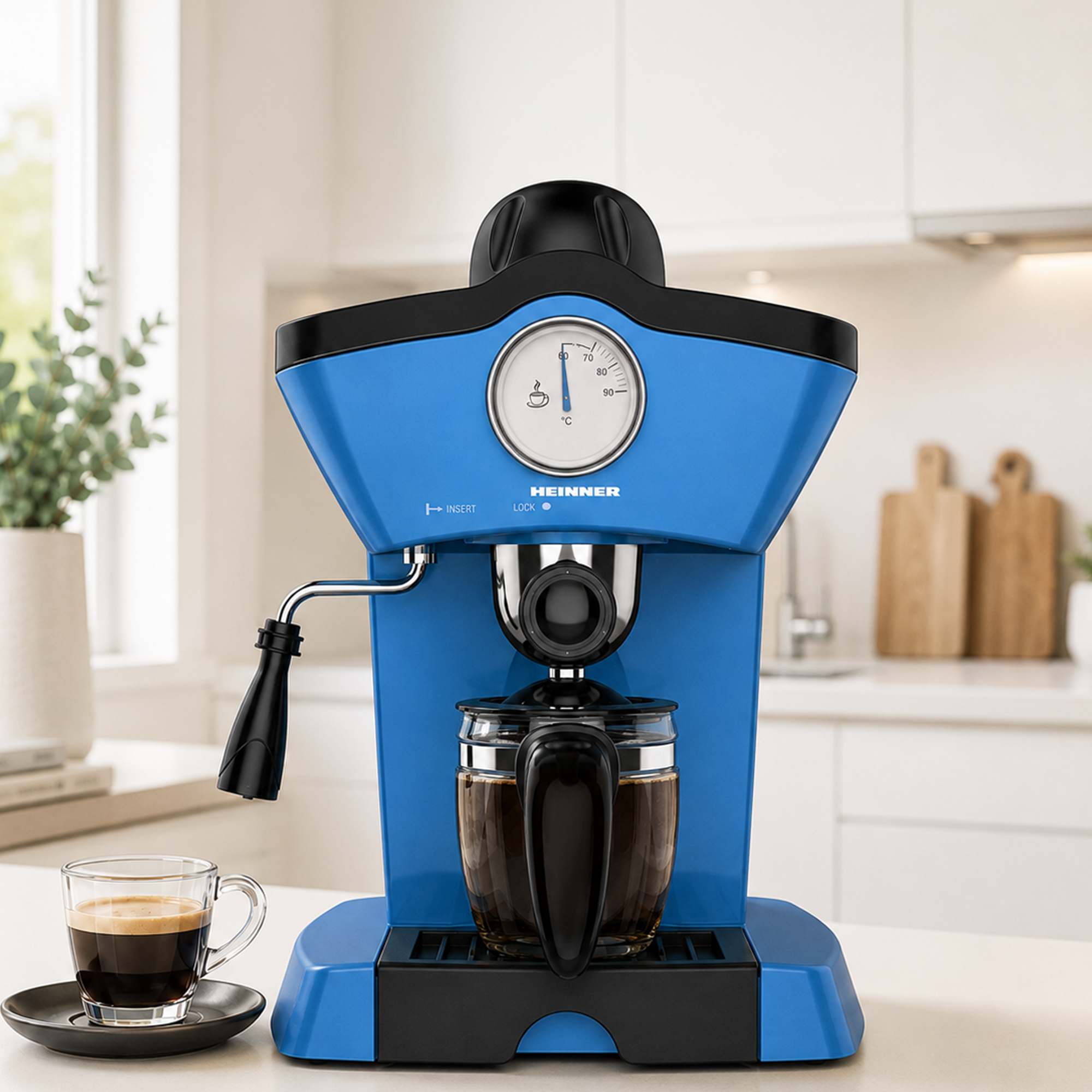 Blaue Kaffeemaschine auf einer Küchentheke mit einer Tasse frischem Espresso daneben.