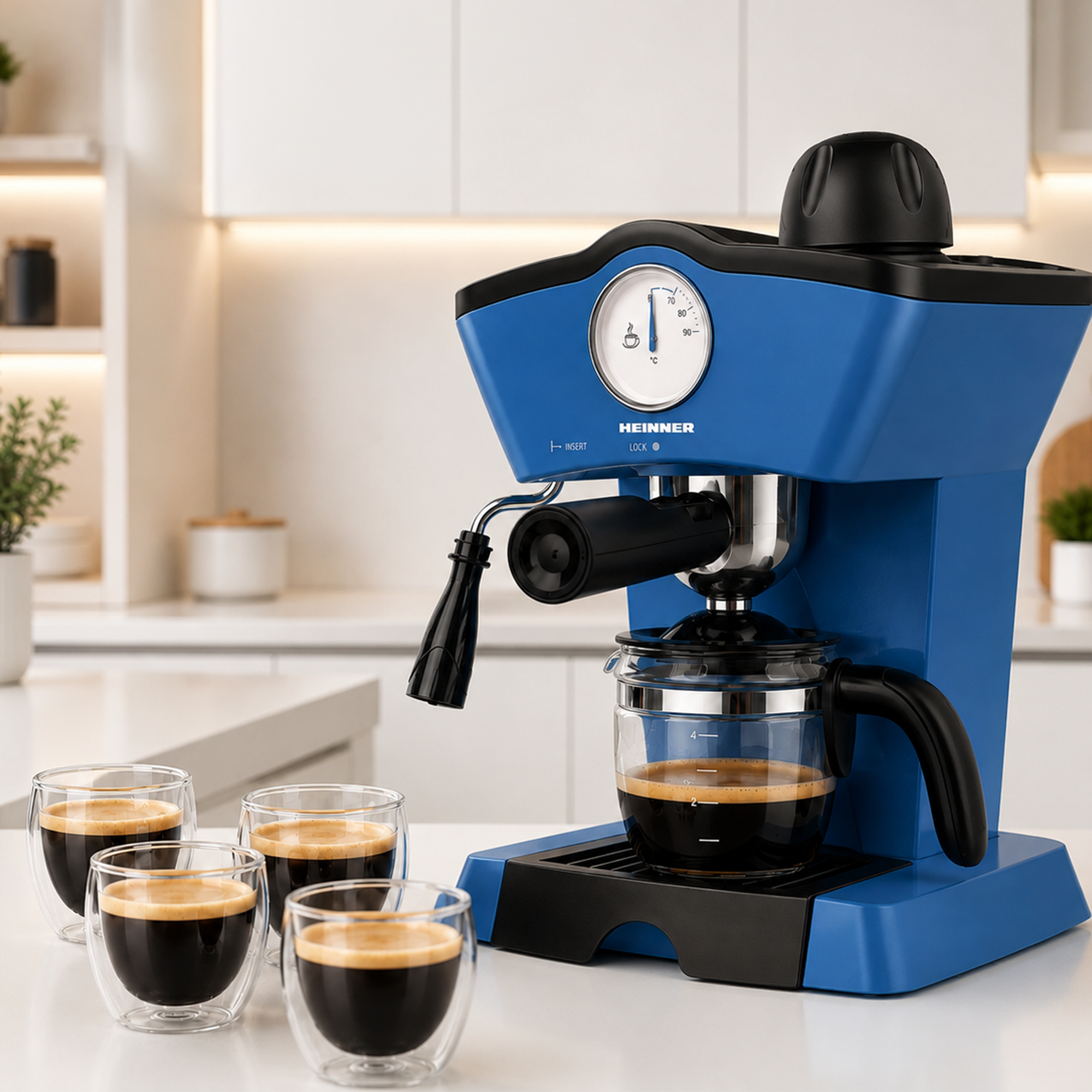 Eine blaue Espressomaschine auf einer weißen Theke mit vier kleinen Glastassen Kaffee im Vordergrund.