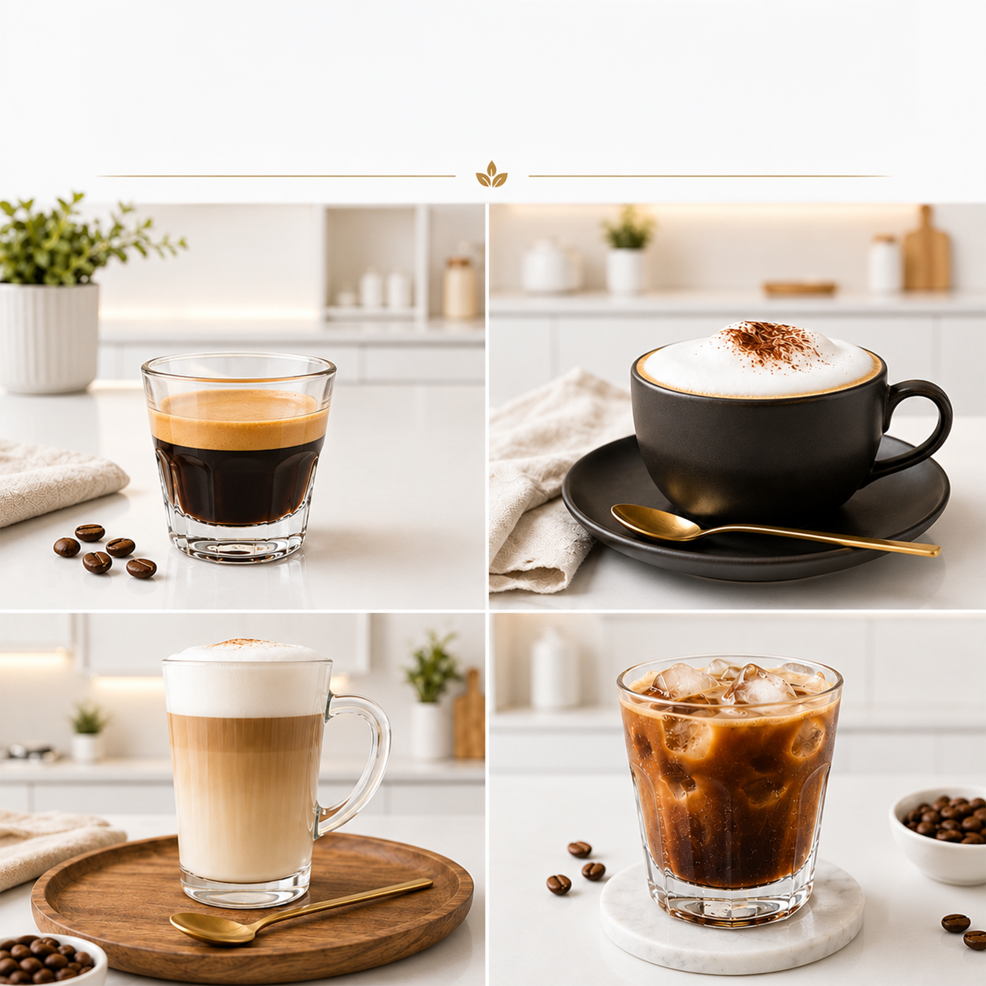 Vier Bilder verschiedener Kaffeespezialitäten wie Espresso, Cappuccino, Latte Macchiato und Eiskaffee in einer Küche.