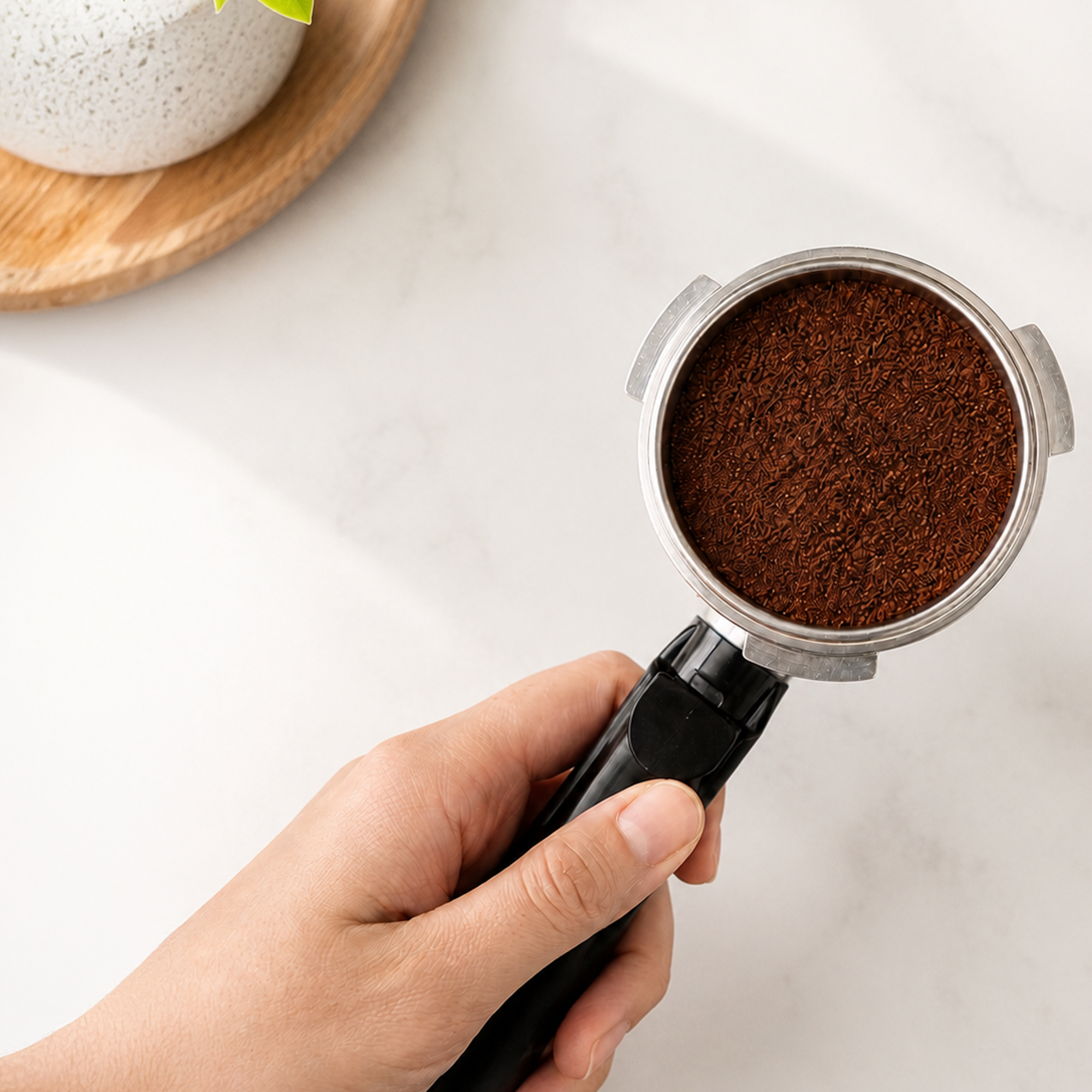 Eine Hand hält einen Siebträger mit frisch gemahlenem Kaffee vor weißem Marmorhintergrund.