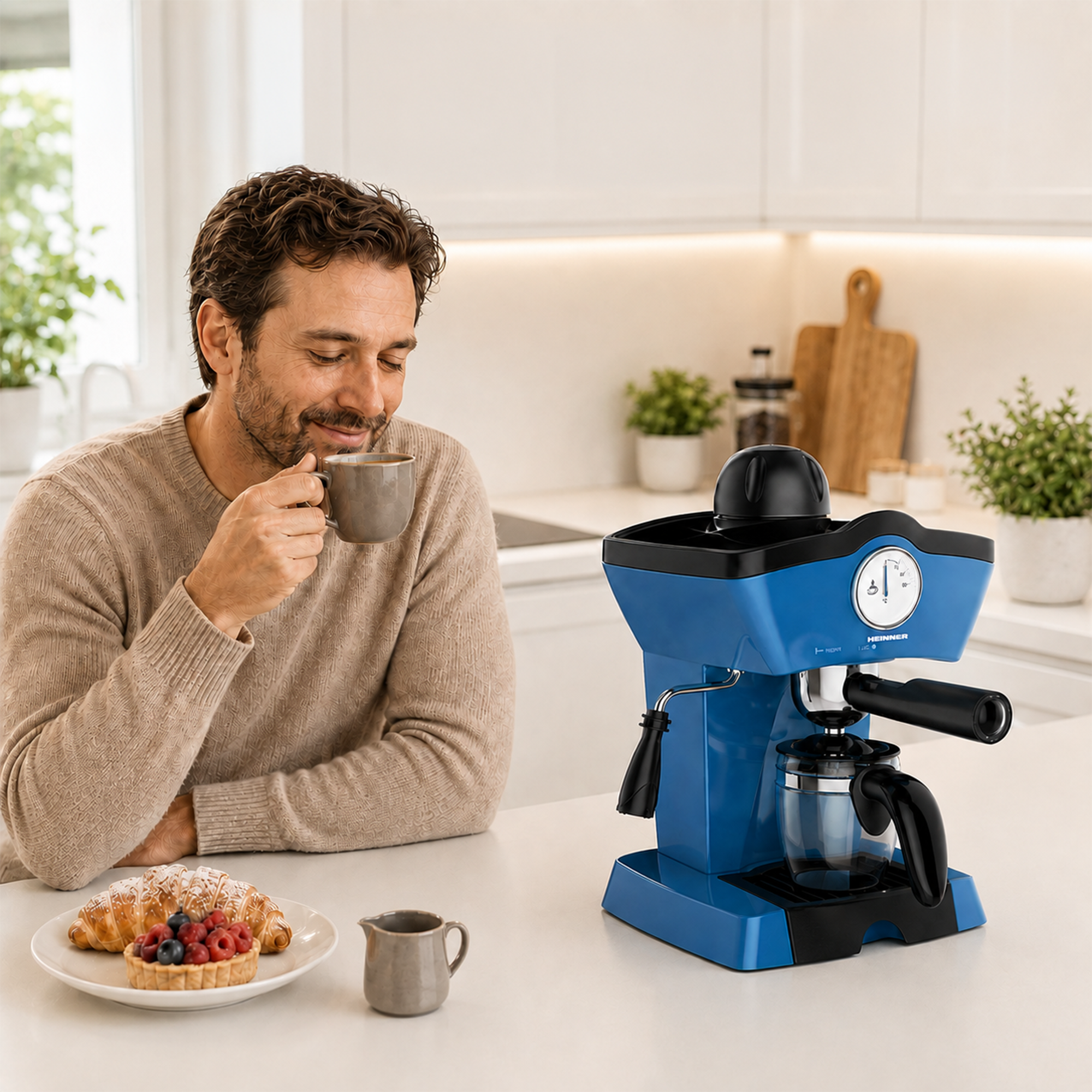 Ein Mann mit einem beigen Pullover genießt Kaffee neben einer blauen Kaffeemaschine.