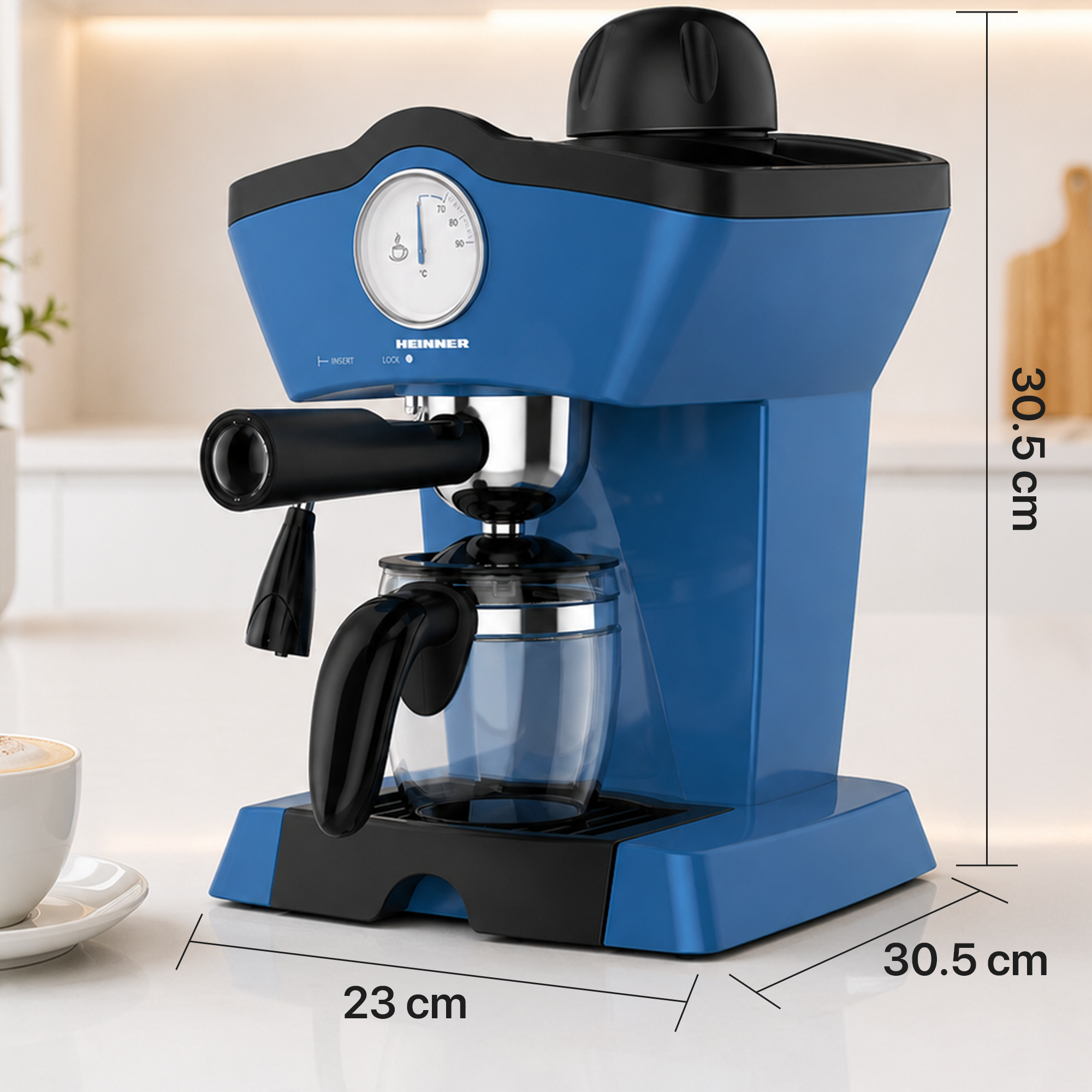 Blue Heinner espresso machine on a white counter with dimensions of 30.5x23x30.5 cm.