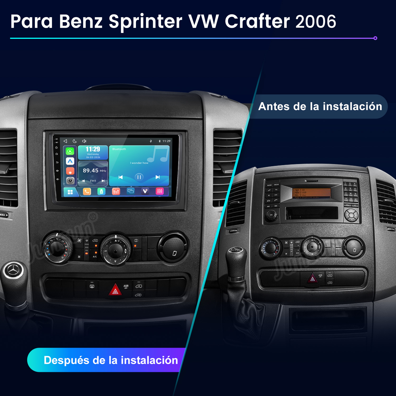 Comparación de un salpicadero antes y después de instalar un nuevo navegador para el Sprinter.