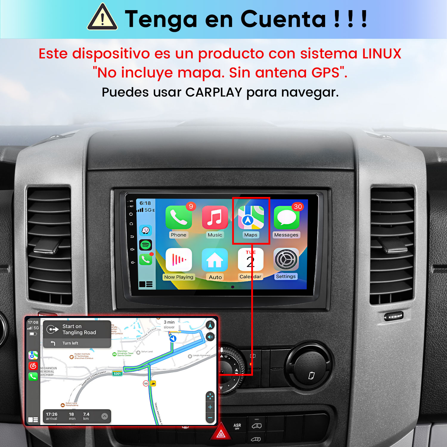 Interior de coche con pantalla CarPlay mostrando la app de mapas e instrucciones de navegación.
