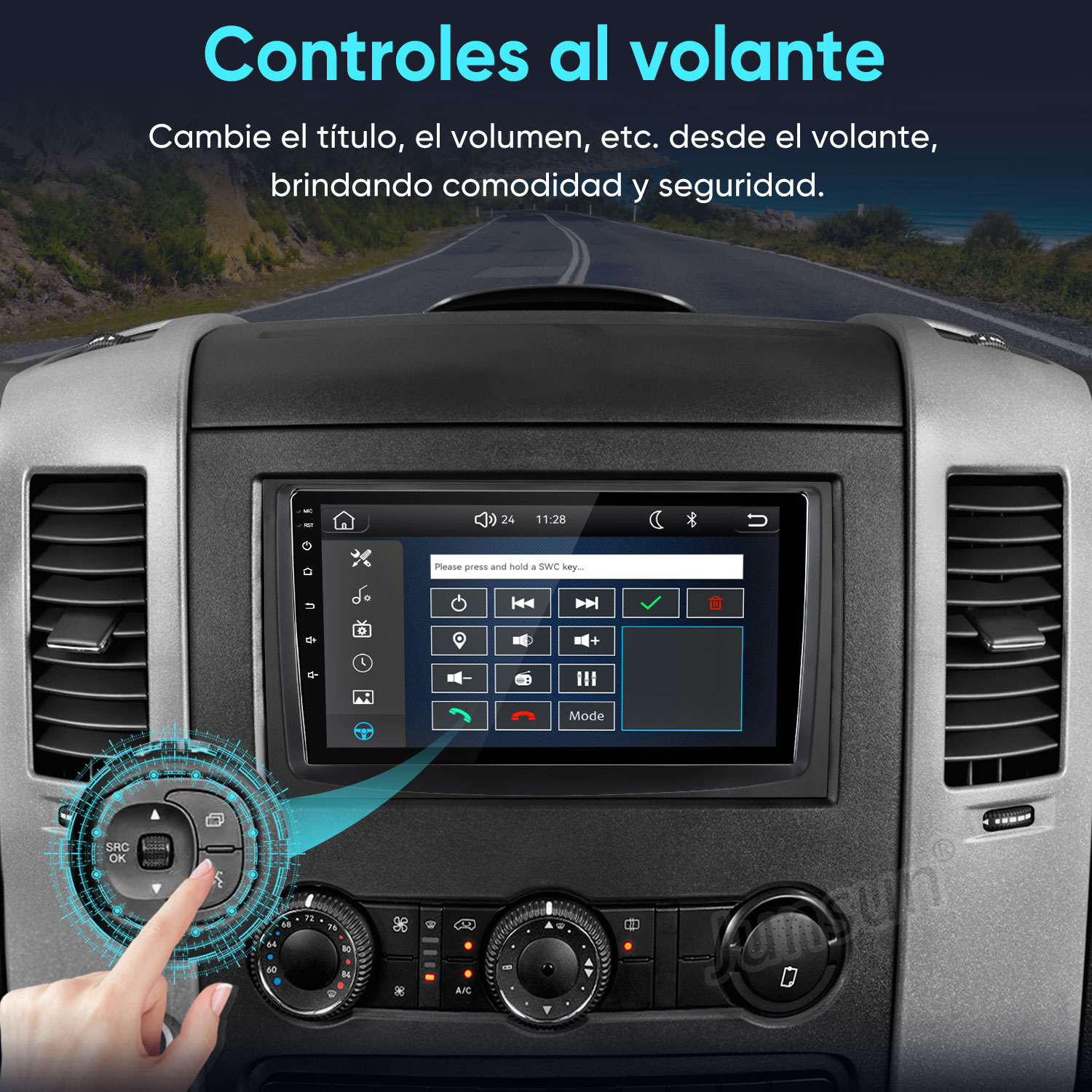 Pantalla táctil de audio para automóvil en el tablero, con una mano señalando controles en el volante.