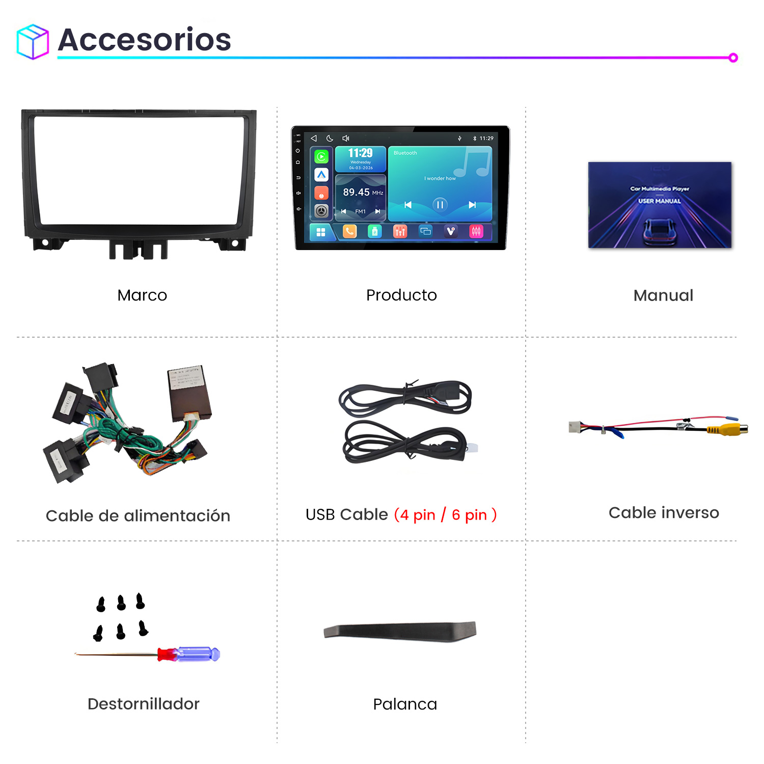 Accesorios para autorradio que incluyen marco negro, pantalla, manual, cables, tornillos y destornillador.