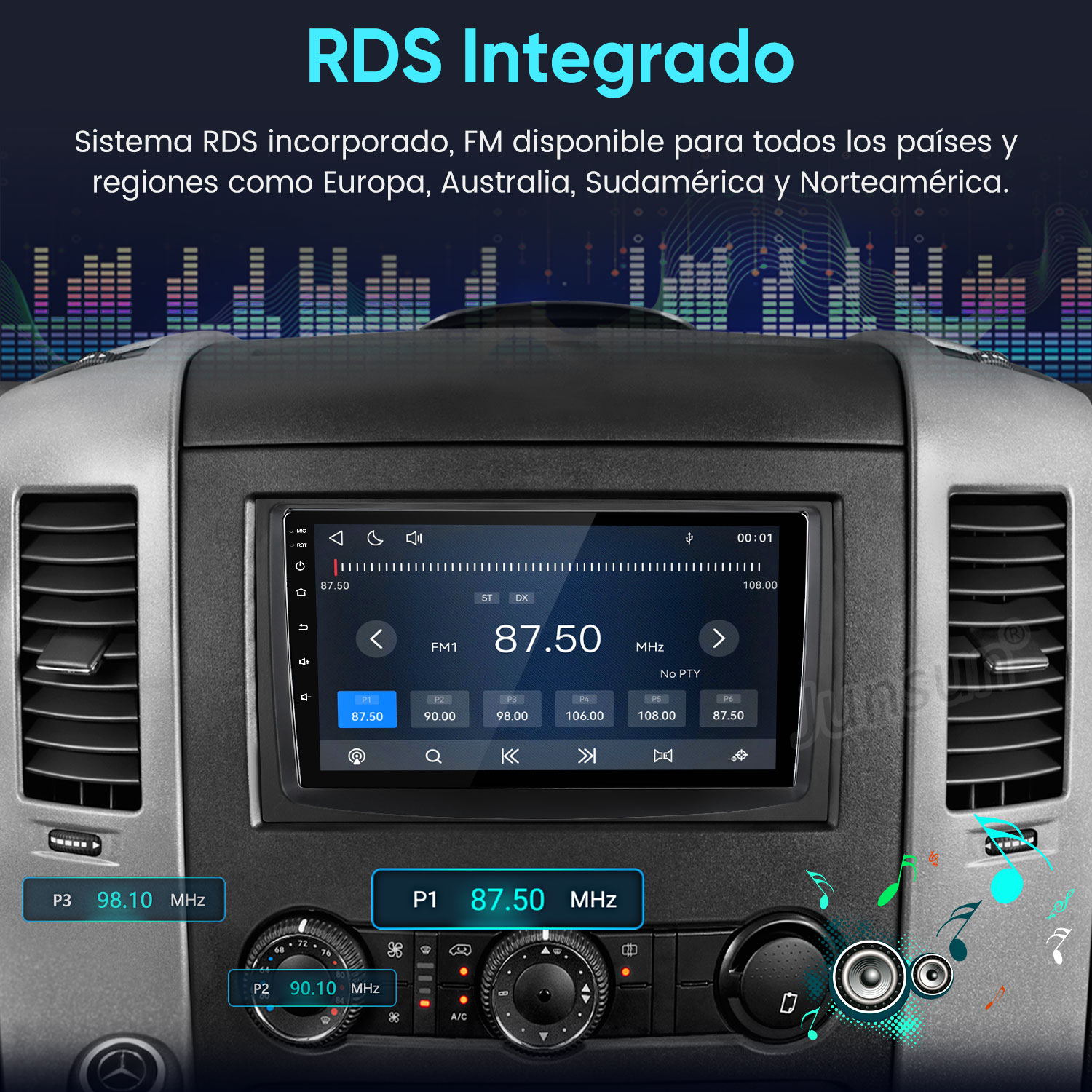Radio de coche con pantalla táctil y sintonizador FM, sistema RDS integrado.