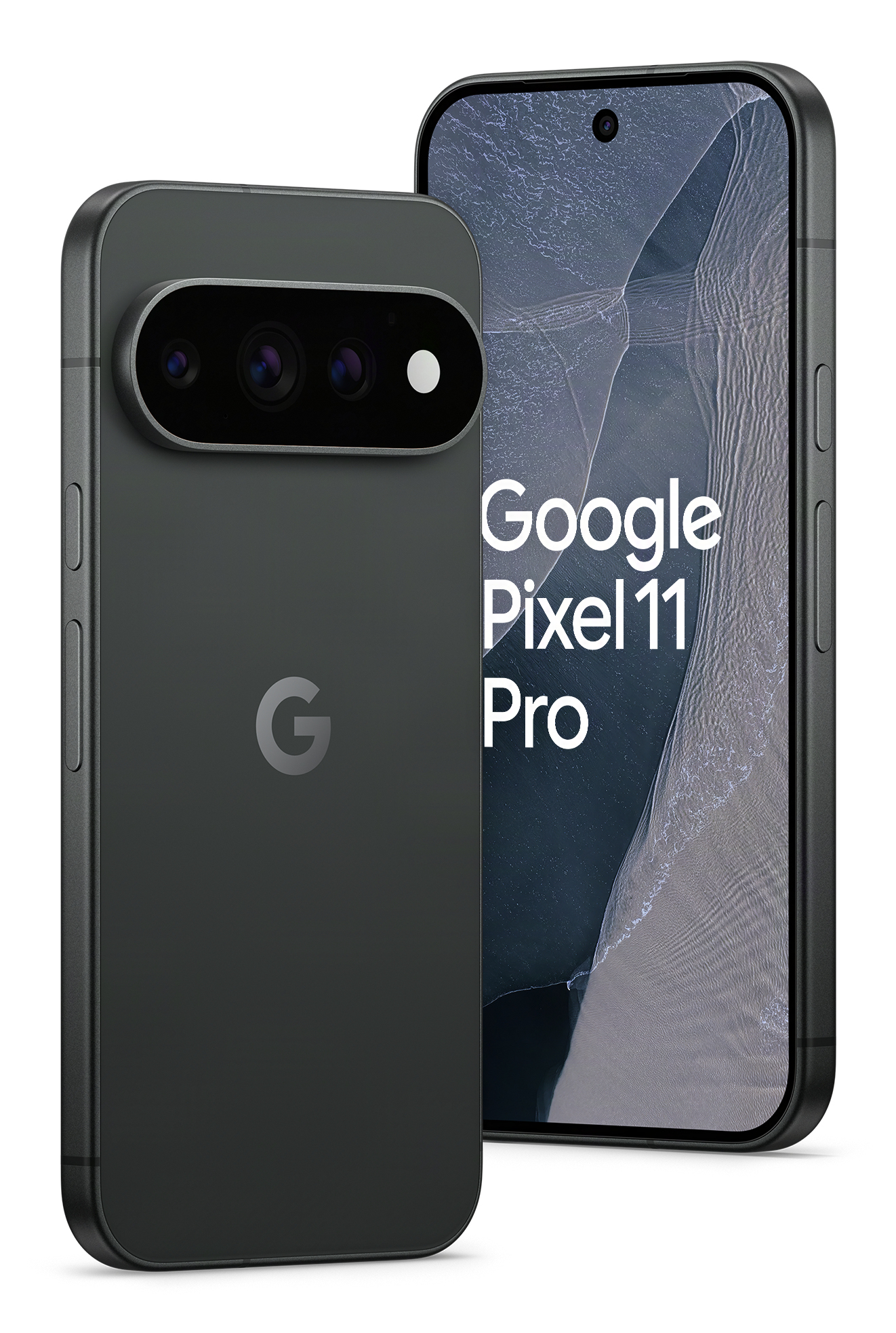 Dwa ciemnoszare smartfony Google Pixel 11 Pro pokazujące tył z trzema aparatami oraz przód z wyświetlaczem.