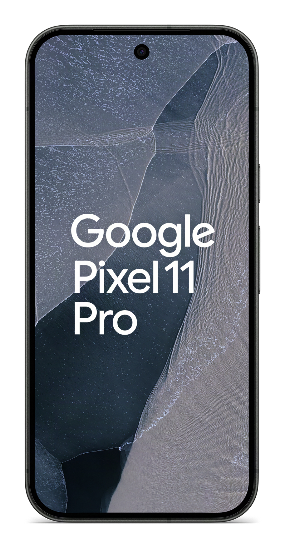 Czarny smartfon z napisem Google Pixel 11 Pro i lodową tapetą.