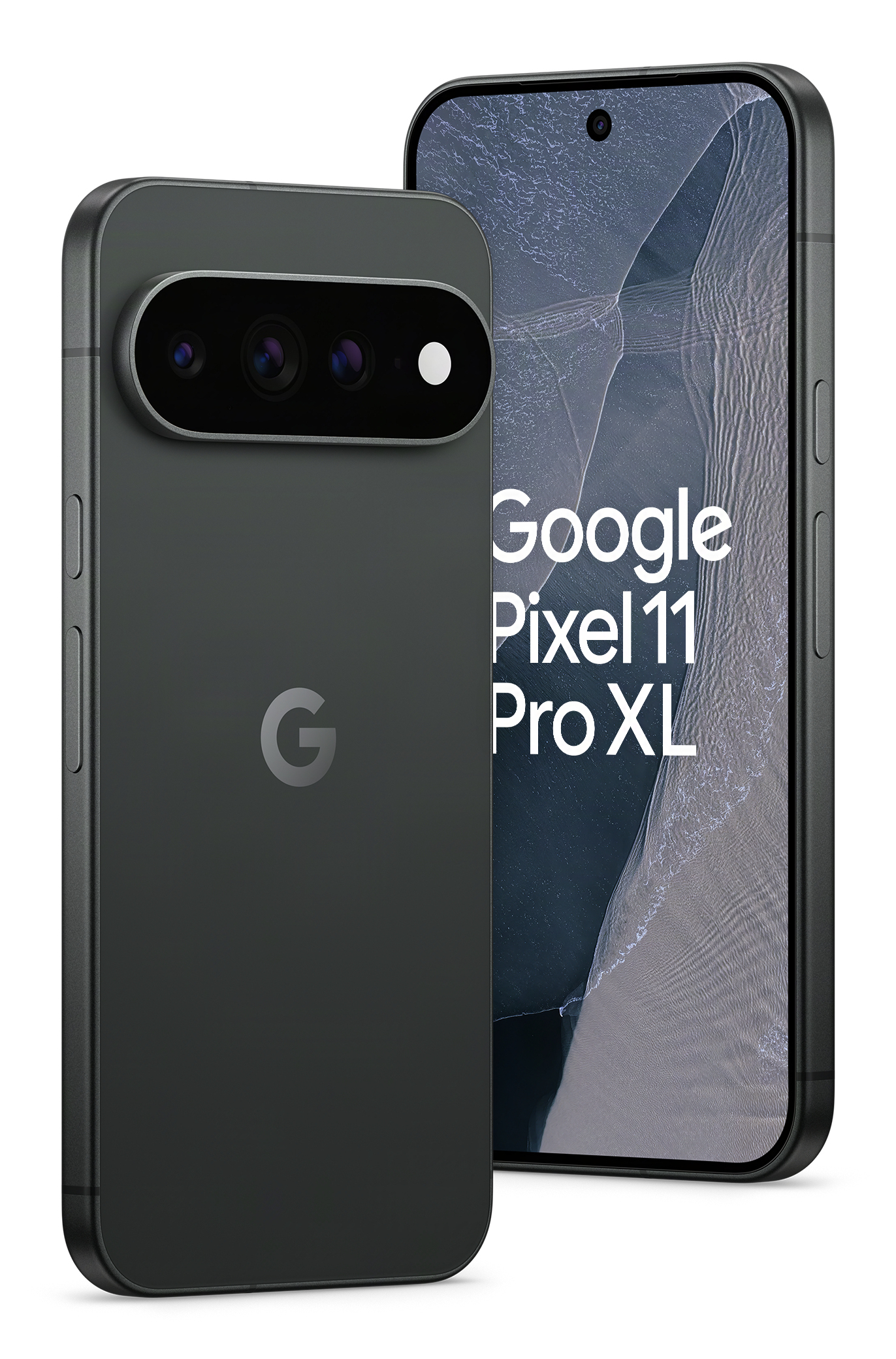 Dwa ciemne telefony Google Pixel 11 Pro XL z tekstem z przodu i aparatem z tyłu.