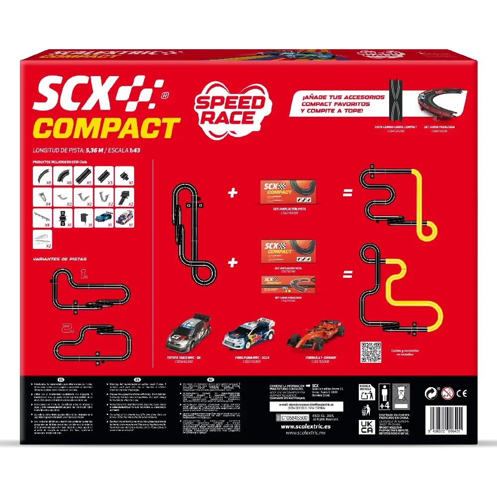 Caja roja del set de slot SCX Compact Speed Race con diseños de pista, tres autos y iconos.