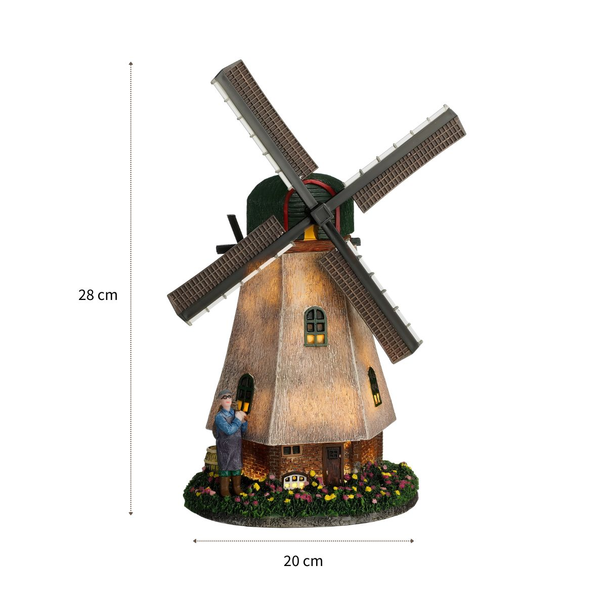 Een verlicht miniatuur molenmodel met rieten dak, figuren, bloemen en afmetingen van 28 cm hoog bij 20 cm breed.