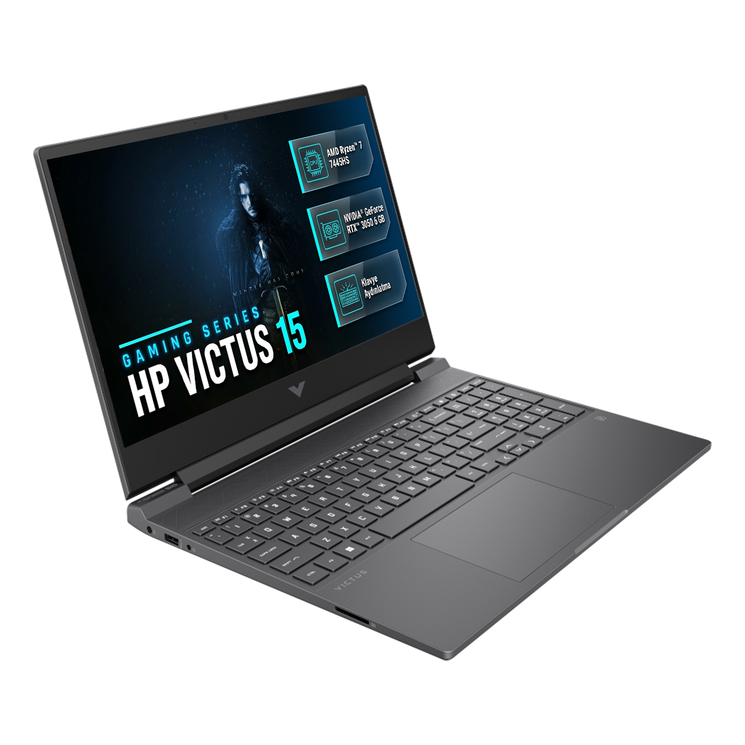 Koyu ekranlı ve özelliklerin gösterildiği açık bir HP Victus 15 oyuncu dizüstü bilgisayarı.