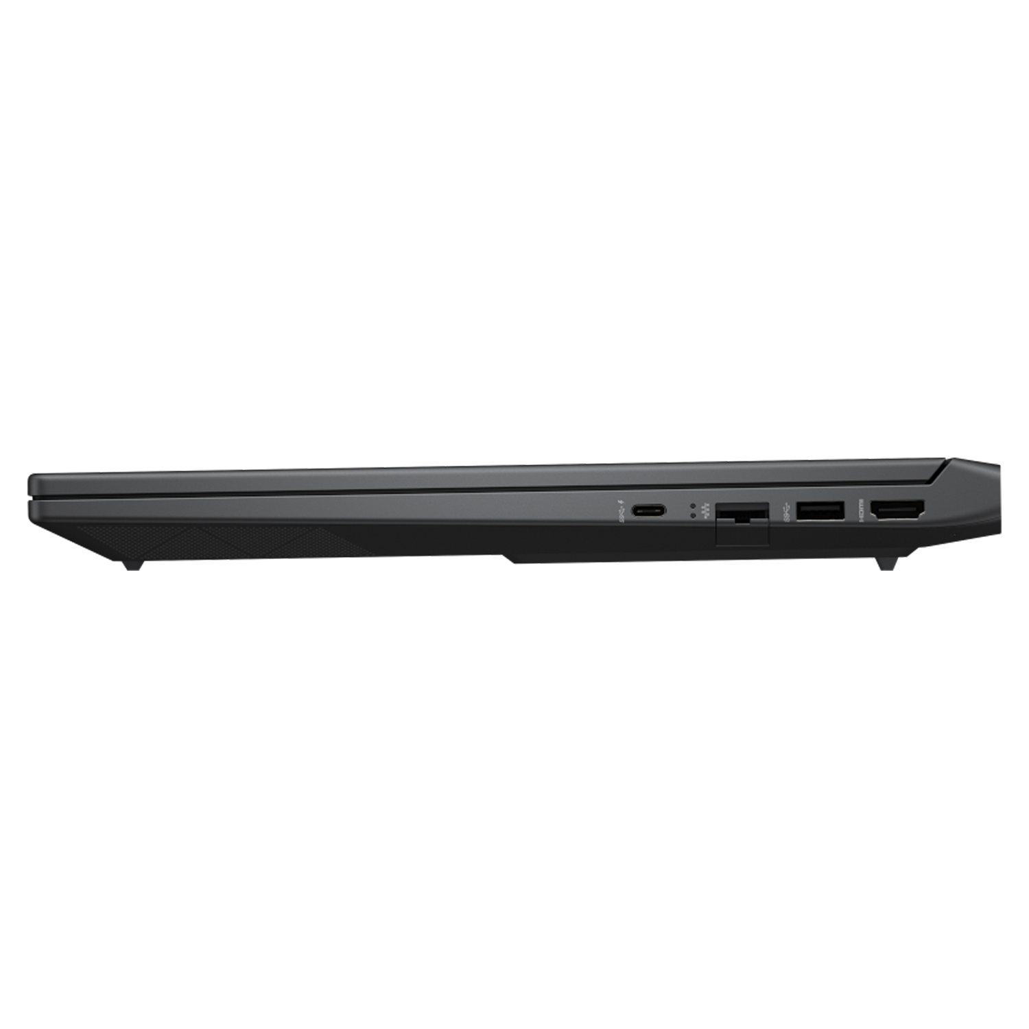 Beyaz arkaplan üzerinde USB, HDMI ve USB-C gibi çeşitli portları gösteren siyah dizüstü bilgisayarın yan görünümü.