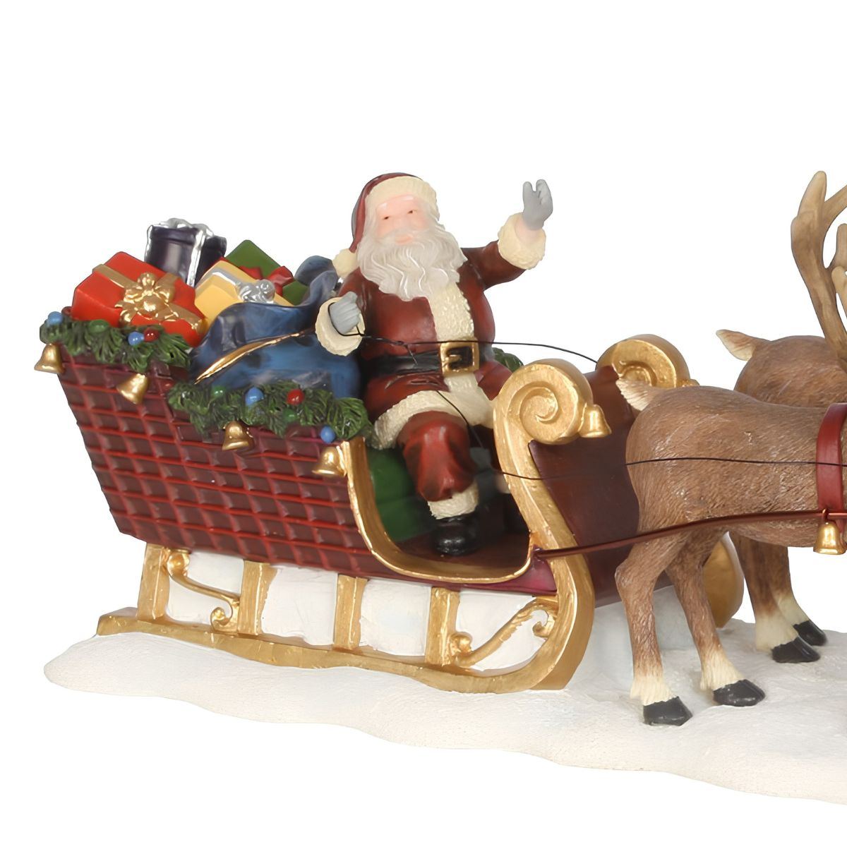 Kerstman in een slede vol cadeautjes, getrokken door rendieren.