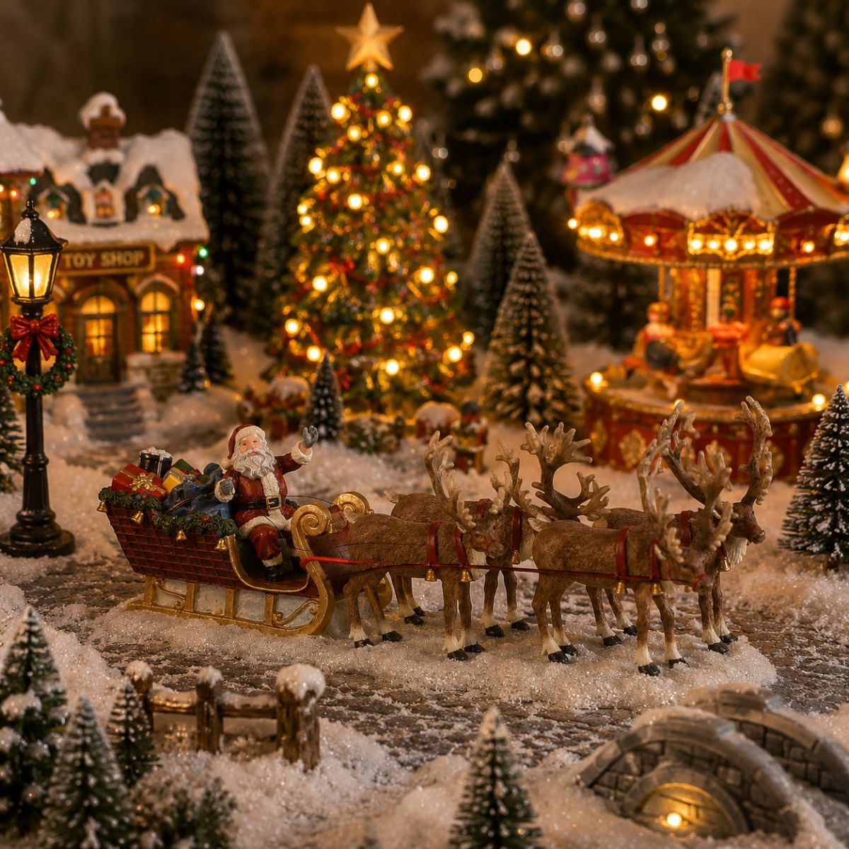 Miniatuur kerstdorp met de Kerstman in een slee, rendieren, een verlichte boom en een carrousel in de sneeuw.