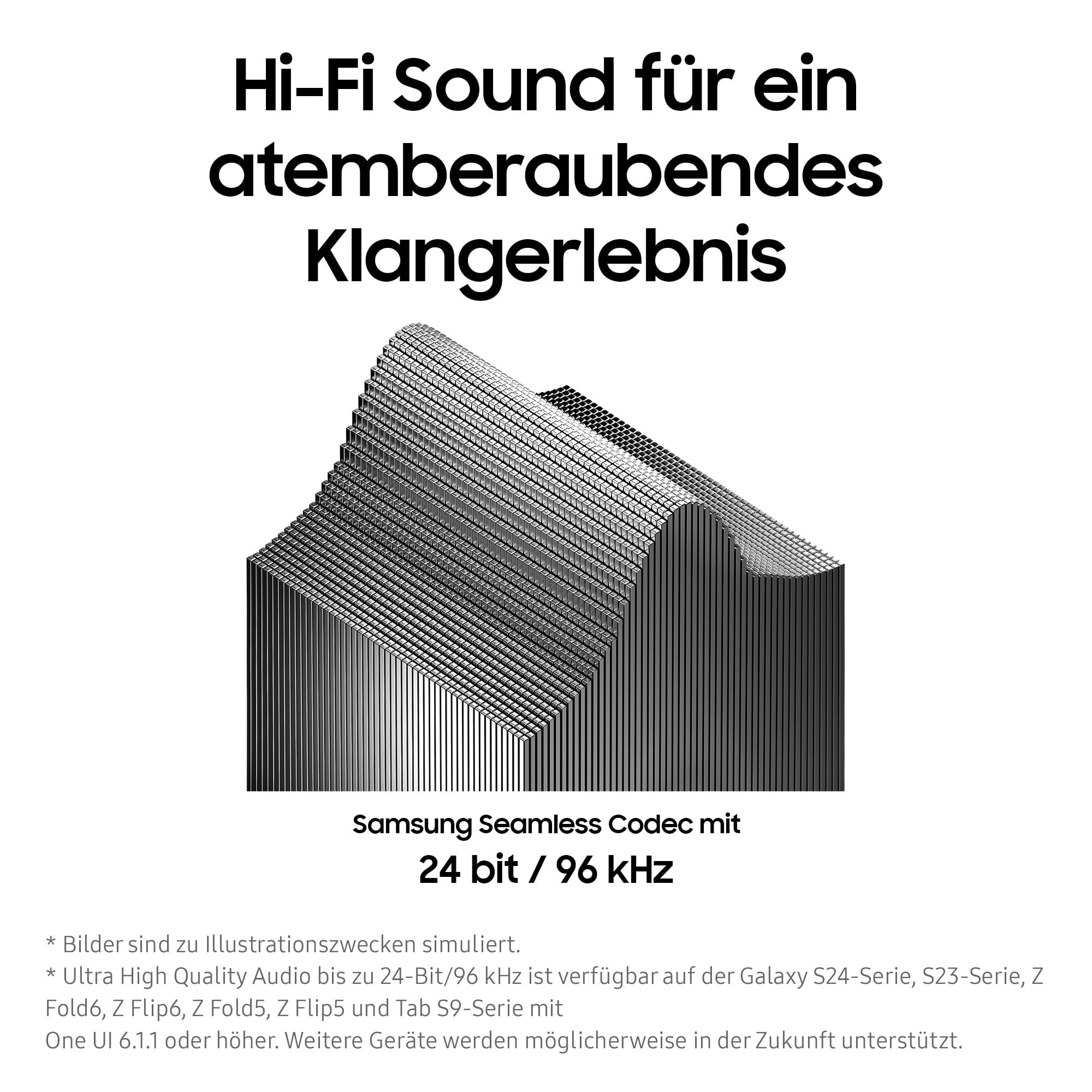 Grafica 3D di un'onda audio con testo in tedesco su audio Hi-Fi e Samsung Seamless Codec.