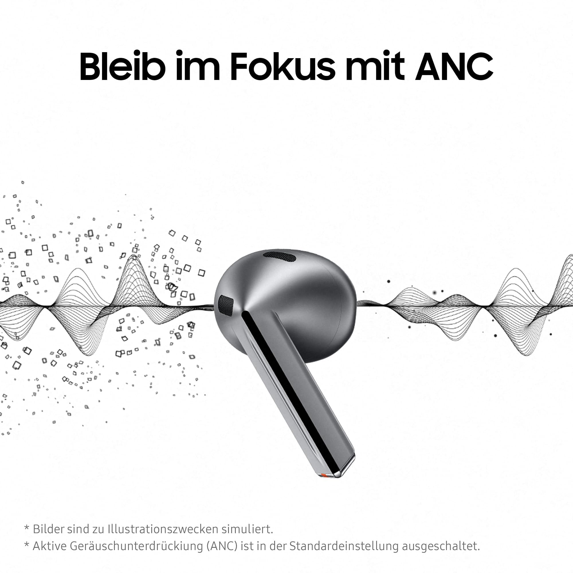 Un auricolare argentato su sfondo bianco con grafica di onde sonore e testo in tedesco sull'ANC.
