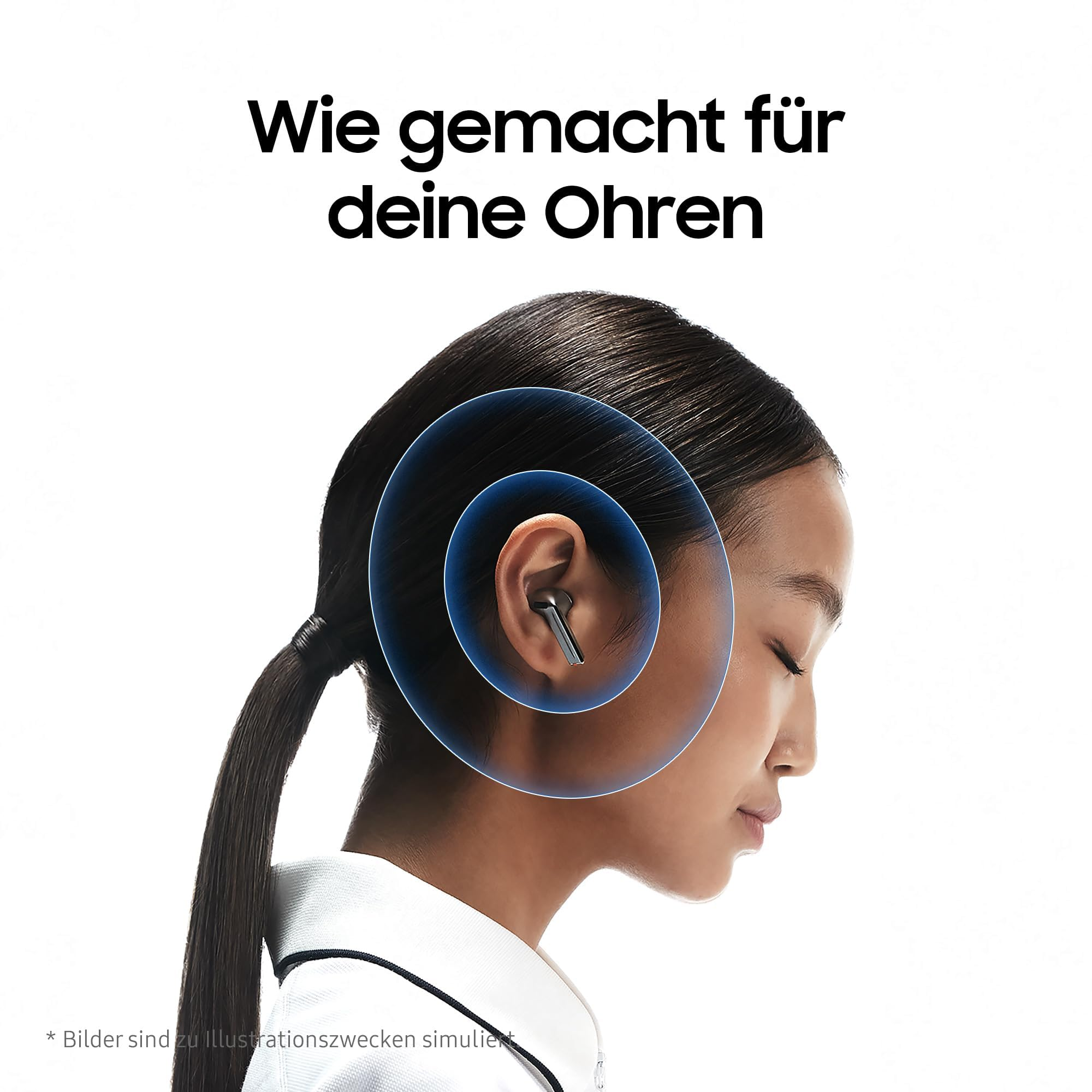 Una donna che indossa auricolari wireless, circondata da anelli di onde sonore blu.